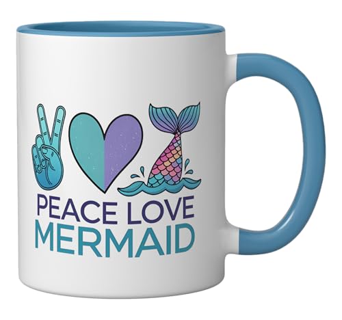 Peace Love Mermaid Cute Funny Ceramic Mug, Blue/White