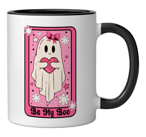 Be My Boo Retro Ghost Valentine Tarot Card Ceramic Mug, Black/White