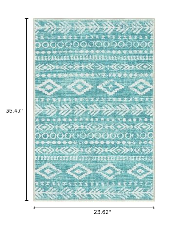 Lahome 2x3 Rustic Geometric Teal/White Area Rug, Machine Washable, Non-Slip Backing, Boho Print Design, Ultra-Thin Soft Indoor Entrance Rug