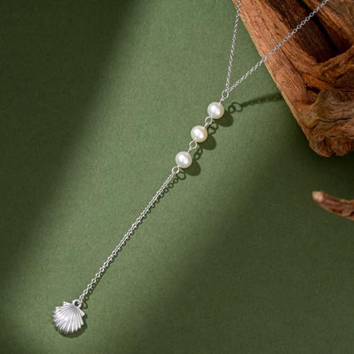 Seashell Pearl Y-Drop Necklace for Women 925 Sterling Silver Real Pearl Shell Necklace Boho Summer Beach Vacation Jewelry Gift for Birthday