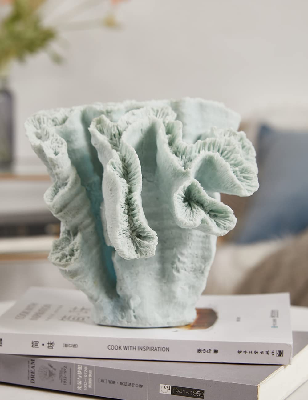 HAUCOZE Artificial Coral Decor Ocean Sculpture Arts Modern Gifts Polyresin Blue 7.5 inch