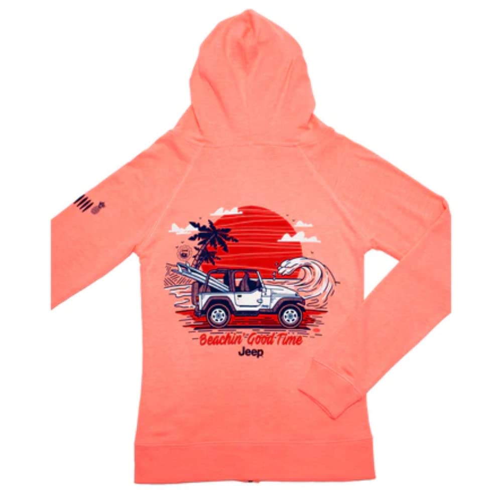 Jeep Ladies Beachin Good Time Logo Zip Hoodie Hooded Sweatshirt - Bright Coral (Small)