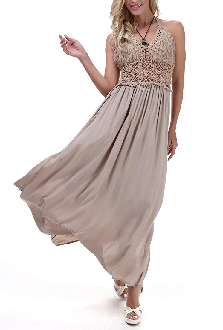 LILBETTER Women's Beach Crochet Backless Bohemian Halter Maxi Long Dresses(Khaki,X-Large)