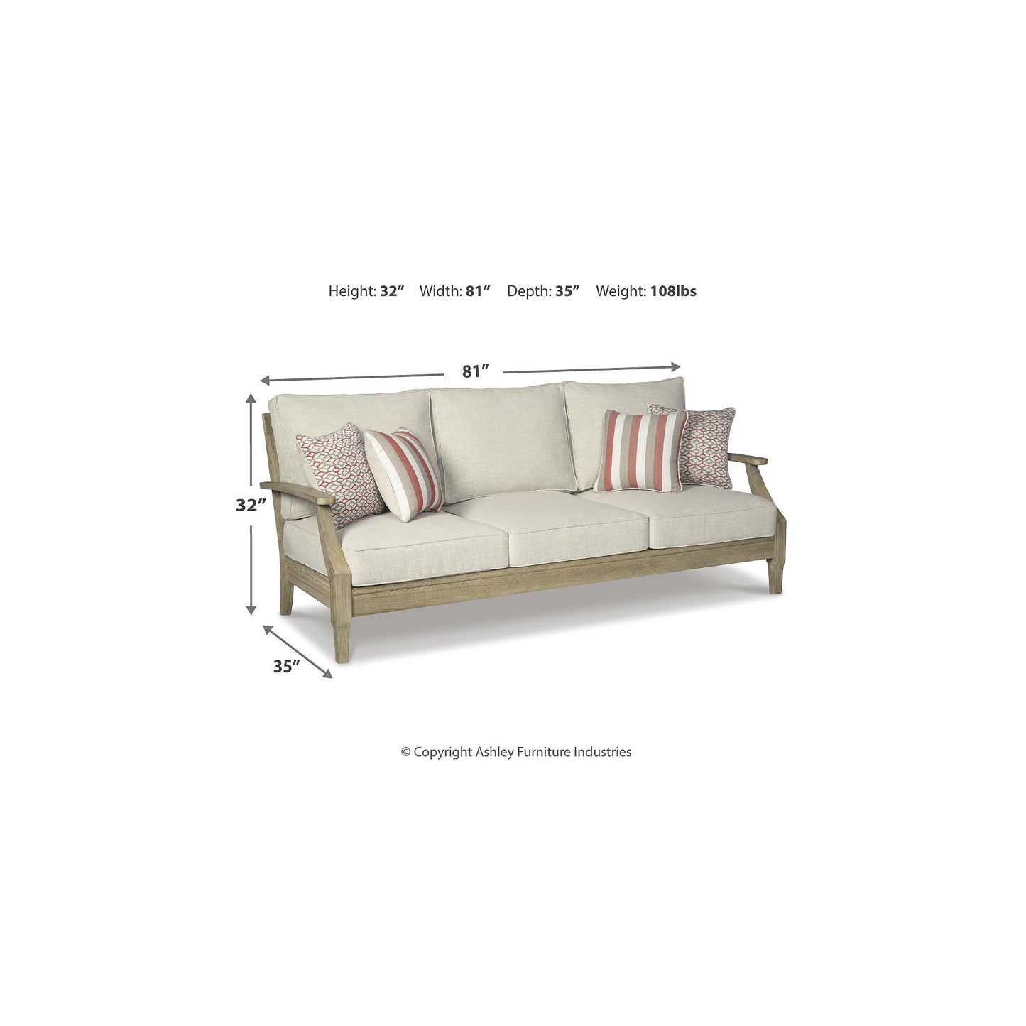 Signature Design by Ashley Clare View Outdoor Patio Sofa, 4 Throw Pillows, Nuvella Weather Resistant Fabric, Eucalyptus Wood, 81" W x 35" D x 32" H, Beige