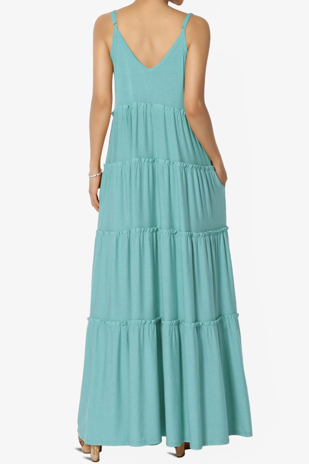 TheMogan Women's Ruffle Tiered V-Neck Cami Long Maxi Dress w Pocket Casual Summer Dusty Teal M