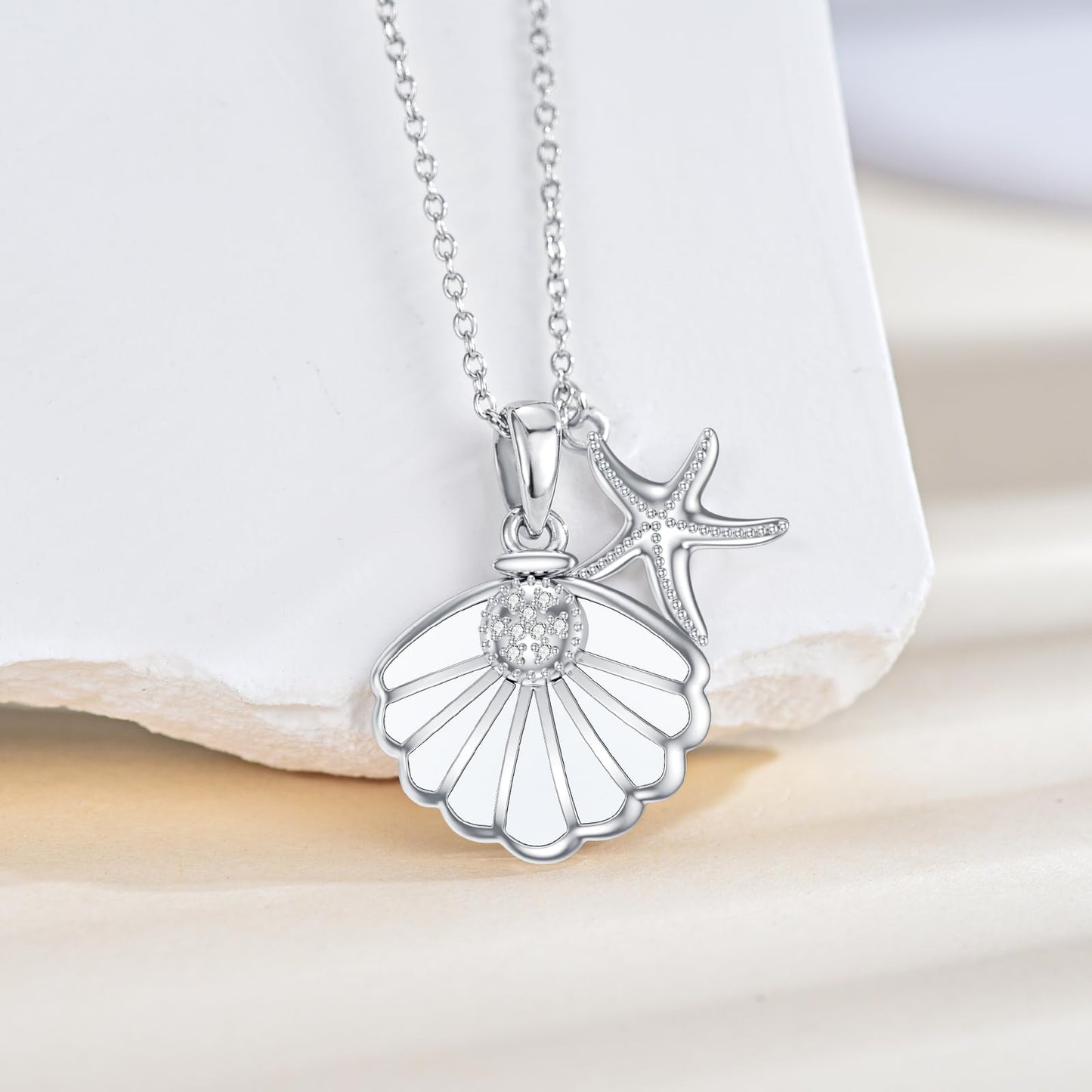 LWXIE Diamond Shell Starfish Necklace 925 Sterling Silver Sea Shell Charm Necklace for Women Beach Jewelry Gifts for Birthday