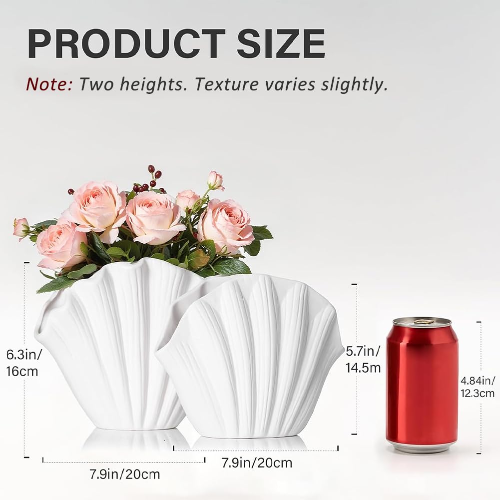 Seashell Vase Set of 2 - White Sea Shell Vase, Coastal Clam Shell Shaped Vases Decor for Table, Beach Ceramic Seashell Flower Vases Home Décor Accents for Pampas Grass, Ocean Aesthetic Room Decoration
