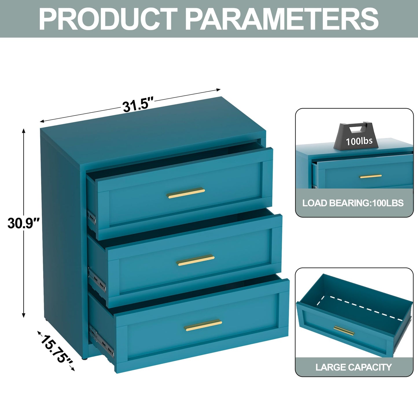 Baborokic Metal 3 Drawer Dresser for Bedroom,Closet Chest Dressers Storage with Drawers,Steel Dressers & Chests of Drawers, Wide Blue Metal Dresser Organizer for Bedroom,Living Room,Hallway