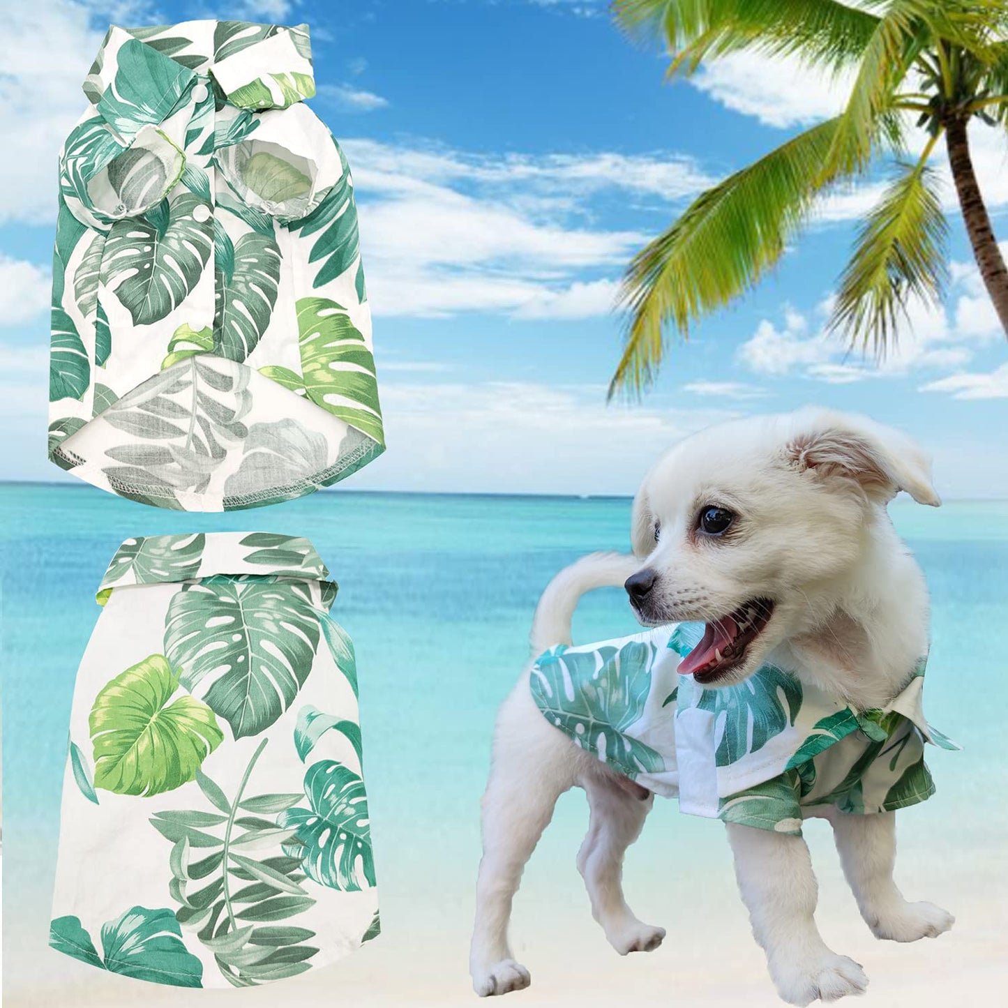 LKEX Dog Shirt Hawaiian Puppy Clothes, Leaf Printed Lapel Vest Summer Polo T-Shirt Pet Apparel Dog Clothes for Small Medium Boy Girl Dogs Cats, Cool Doggy Kitten Outfits Costumes M
