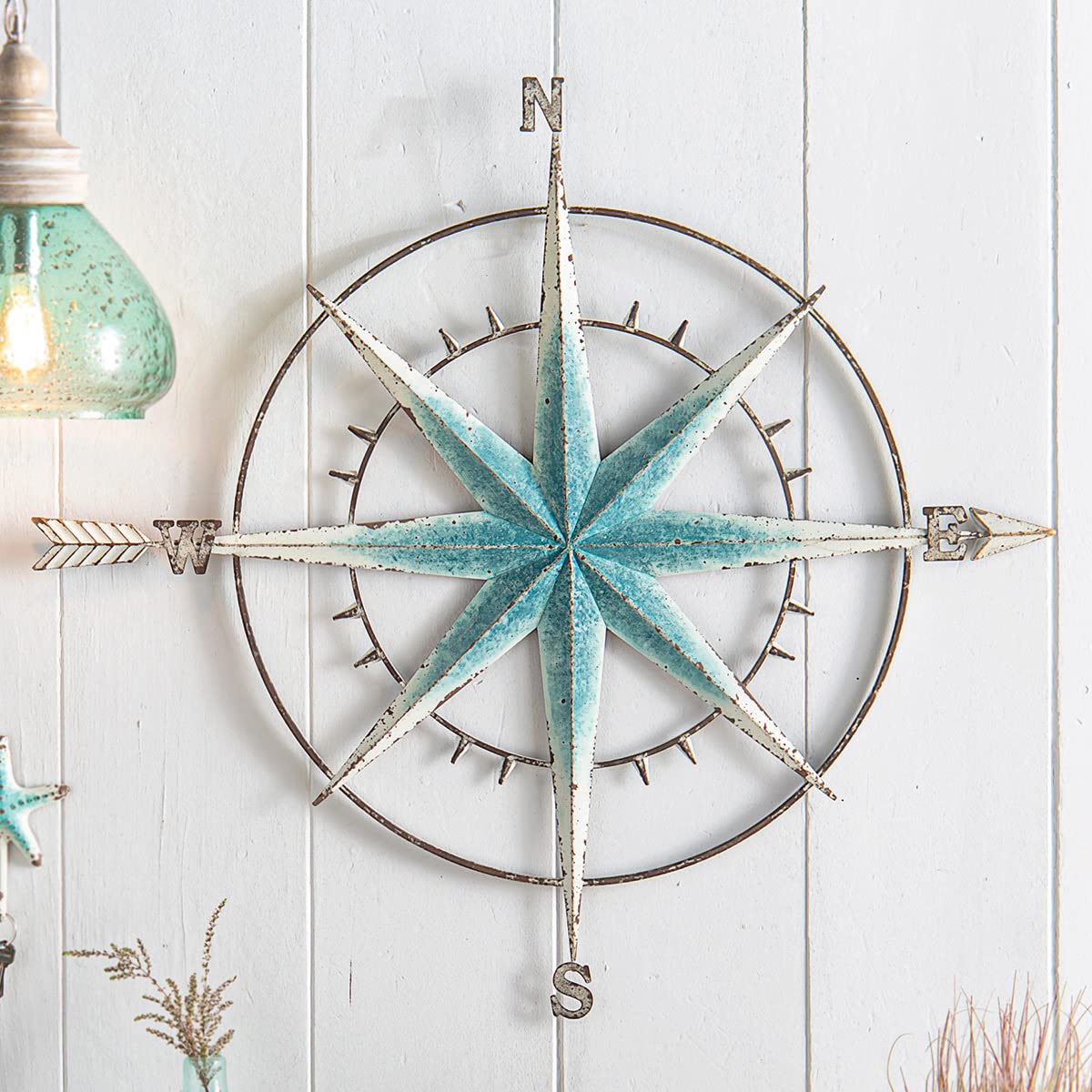 BLACK FOREST DECOR - Blue Nautical Compass Wall Art - Coastal Metal Wall Décor - 36 3/4" W x 1 1/3" D x 33 3/5" H