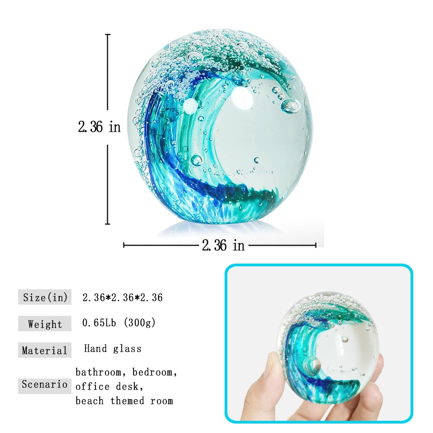 JUYOULE Hand Blown Ocean Wave Glass Ball :Unique Gift for Beach Lovers,Beach Decorations for Home, Sea Glass Paperweight for Coastal Room Decor, Aquarium & Ocean Themed Decorations