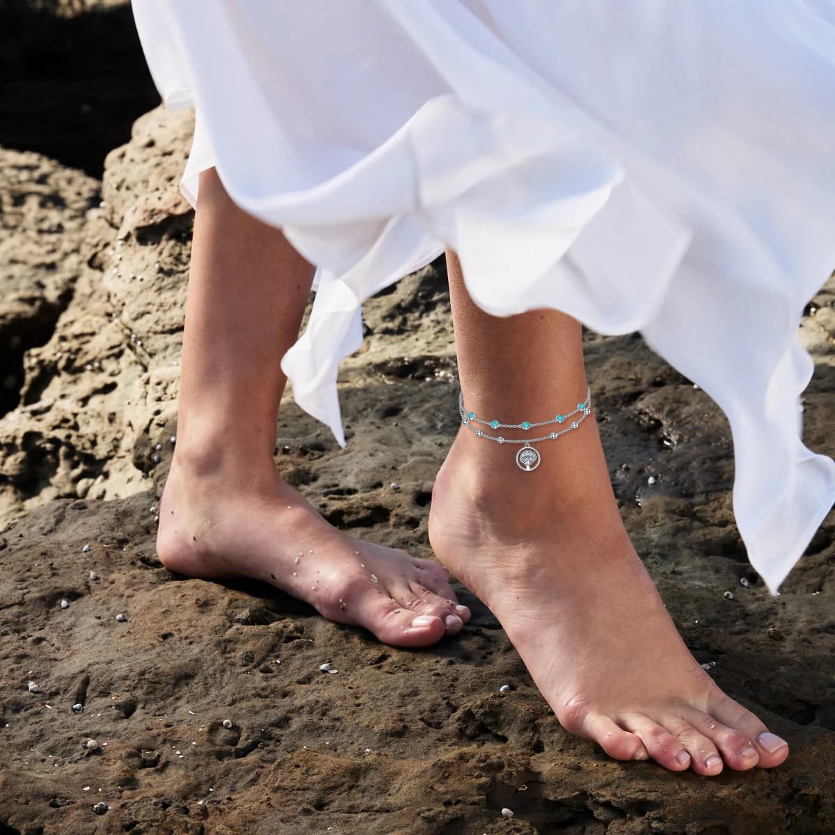 Genuine Turquoise Anklet with mushroom, Sterling Silver Summer Beach Dainty Bohemia Nature Gemstone Jewelry for Women, 9+2''