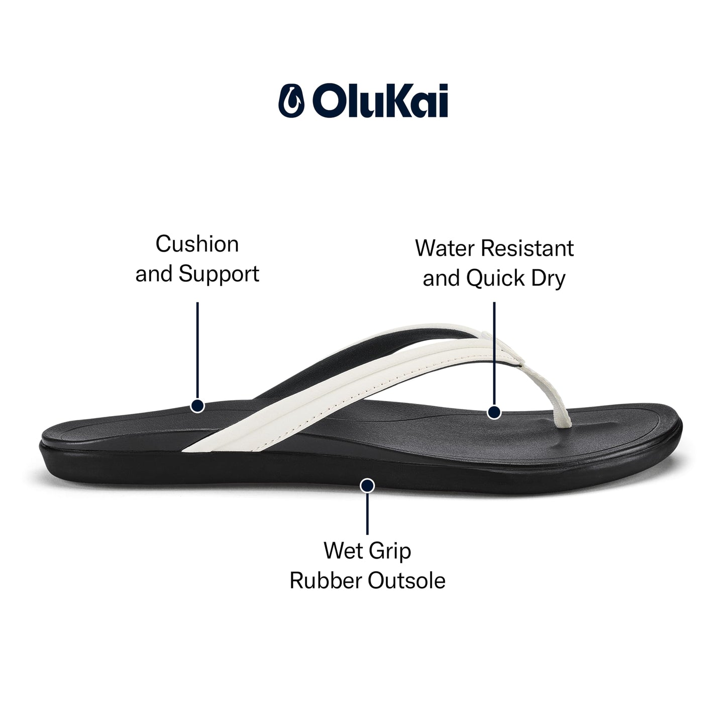OLUKAI Ho'opio Malua Women's Water Friendly Sandals, Flip Flops for Beach & Everyday, Arch Support & Comfort Fit, Bright White/Bright White, 11