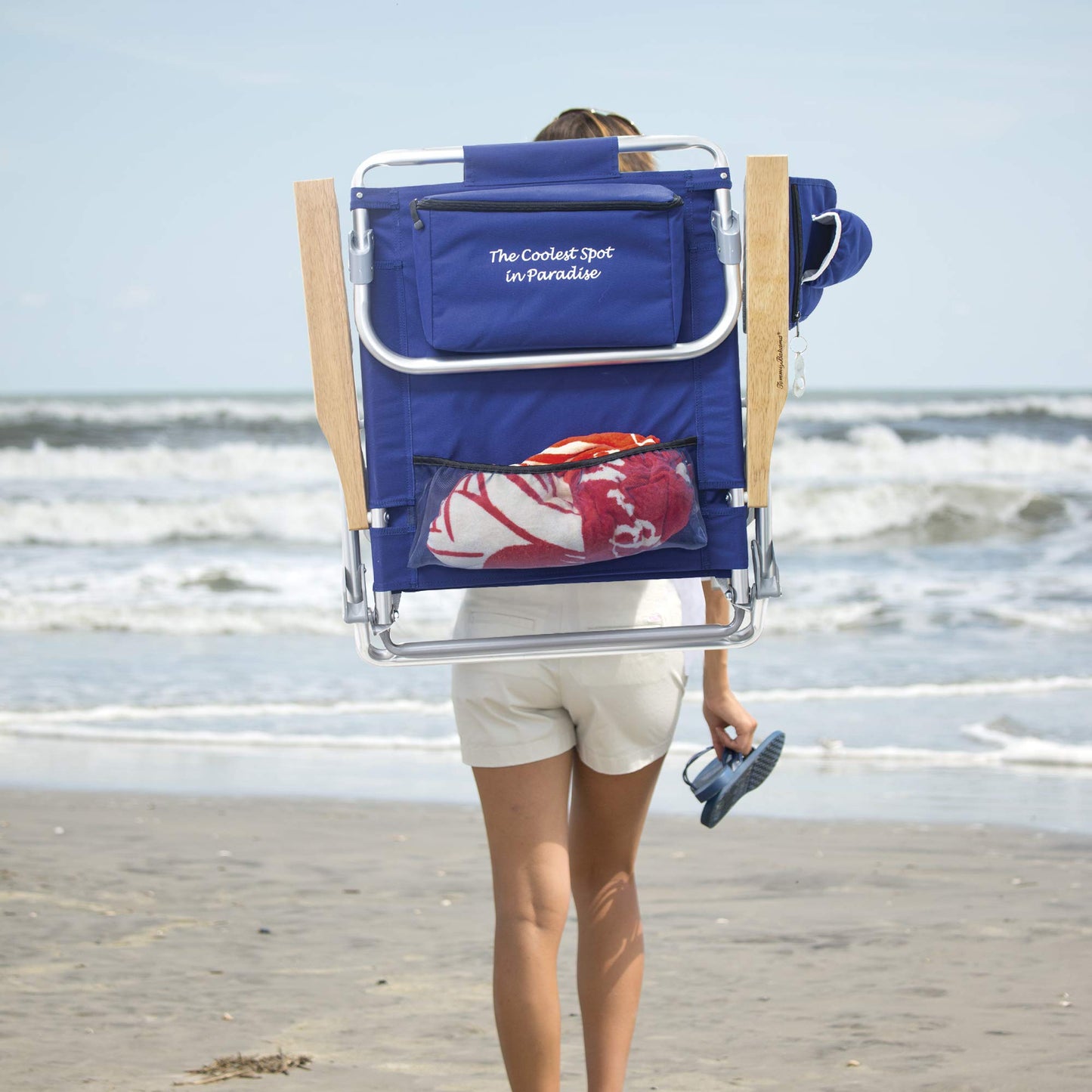 Tommy Bahama 2-Pack 5-Position Classic Lay Flat Backpack Beach Chair with Cooler and Cup Holder, Portable Folding Beach Chair for Tanning, Navy