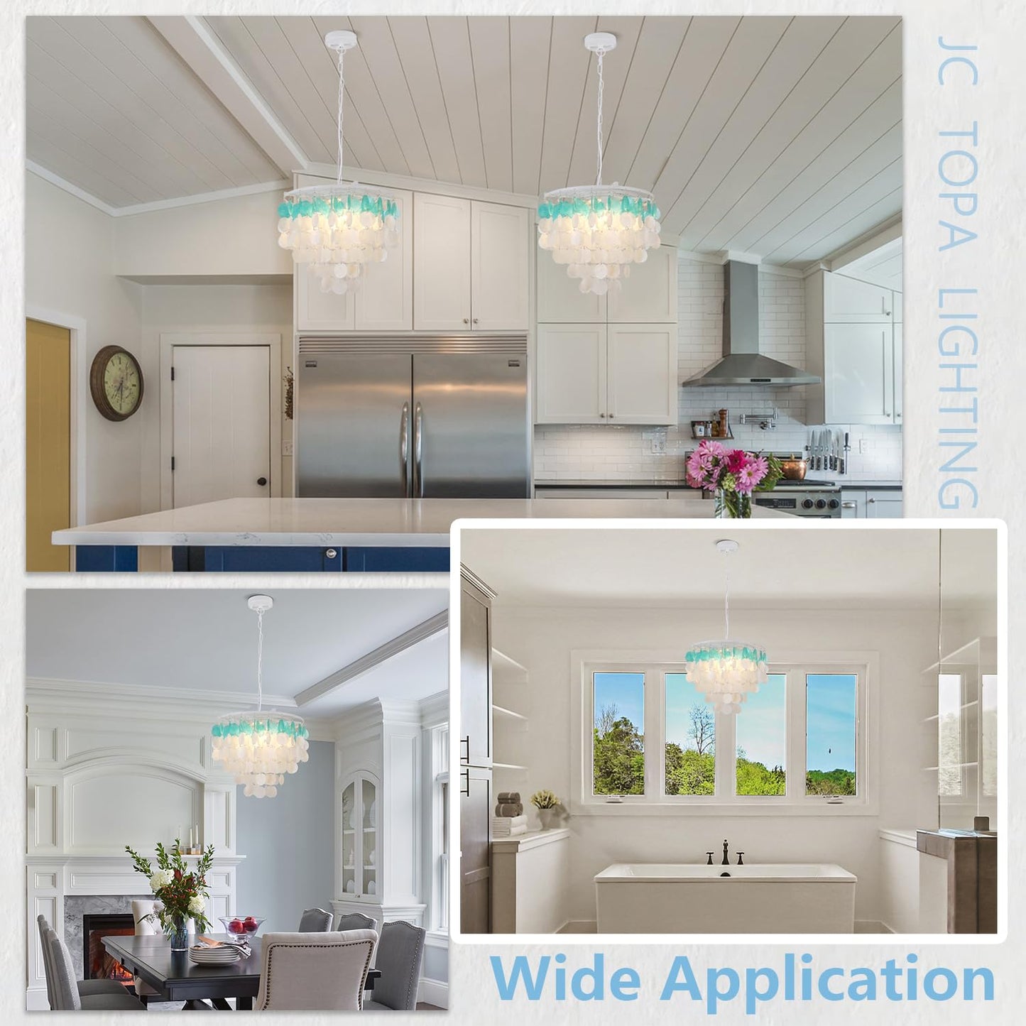 JC TOPA 4-Light Shells Chandelier, Modern Coastal Dining Room Light Fixtures, 17.7” Boho Seashell Light Fixtures for Bathroom Chandeliers Over Tub, Kitchen, Foyer, White and Blue