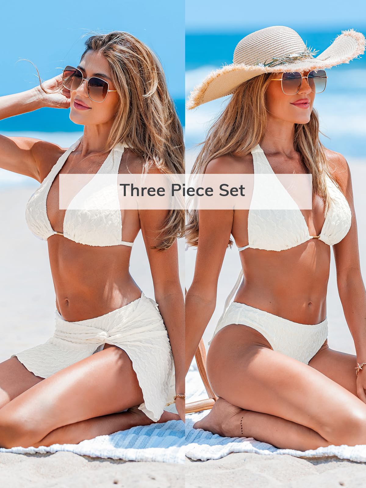 CUPSHE Women's Bikini Sets Three Piece Swimsuit V Neck Textured Halter Back Self Tie Twist Sarong Low Rise, L Beige