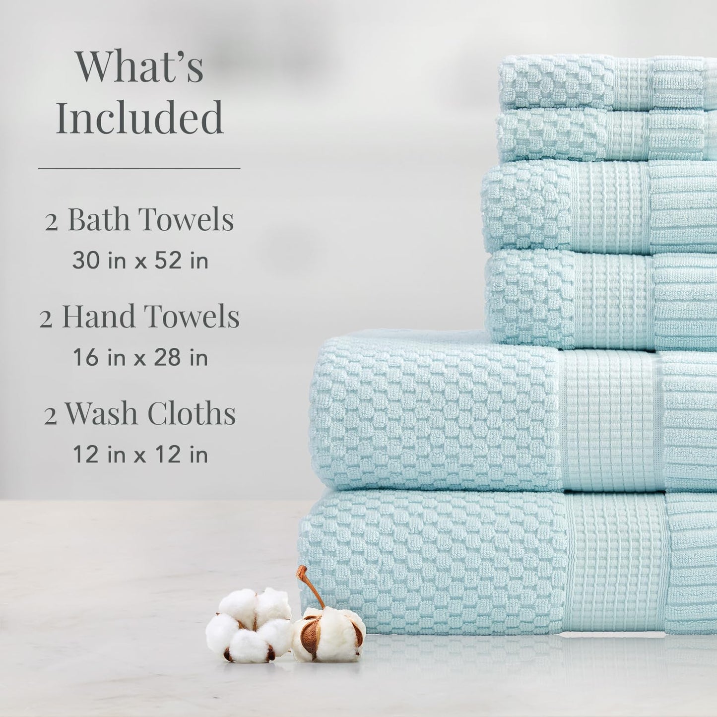 NY Loft 100% Cotton Towel Set 6 Piece | Super Soft & Absorbent Quick-Dry 2 Bath Towels 2 Hand Towels & 2 Washcloths |Textured and Durable Cotton | Trinity Collection (6 Piece Set, Seafoam)