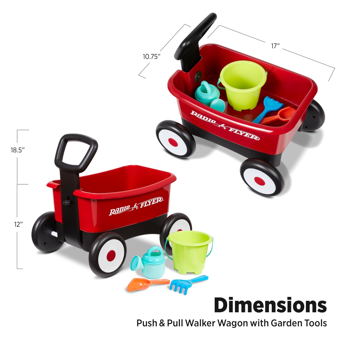 Radio Flyer My 1st Wagon 2-in-1 Walker & Pull Wagon with Beach and Garden Tools for Toddlers Ages 1-4, Red