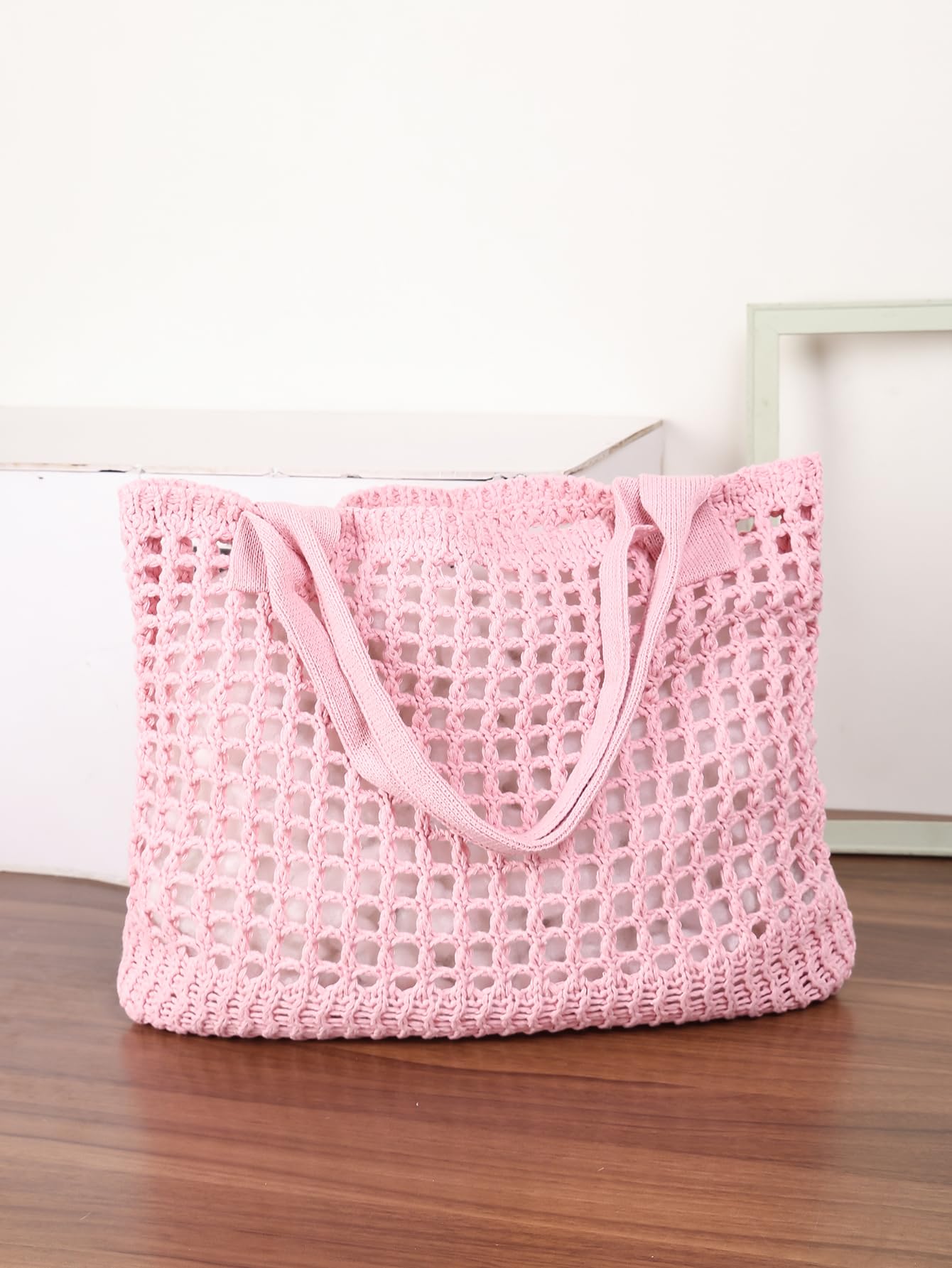 ENBEI Women's Beach Tote Bag, Crocheted Knit Hollow Design, Stylish & Spacious Tote for Beach,Travel,and Everyday Use,Cute Aesthetic Summer Handbag (Pink)