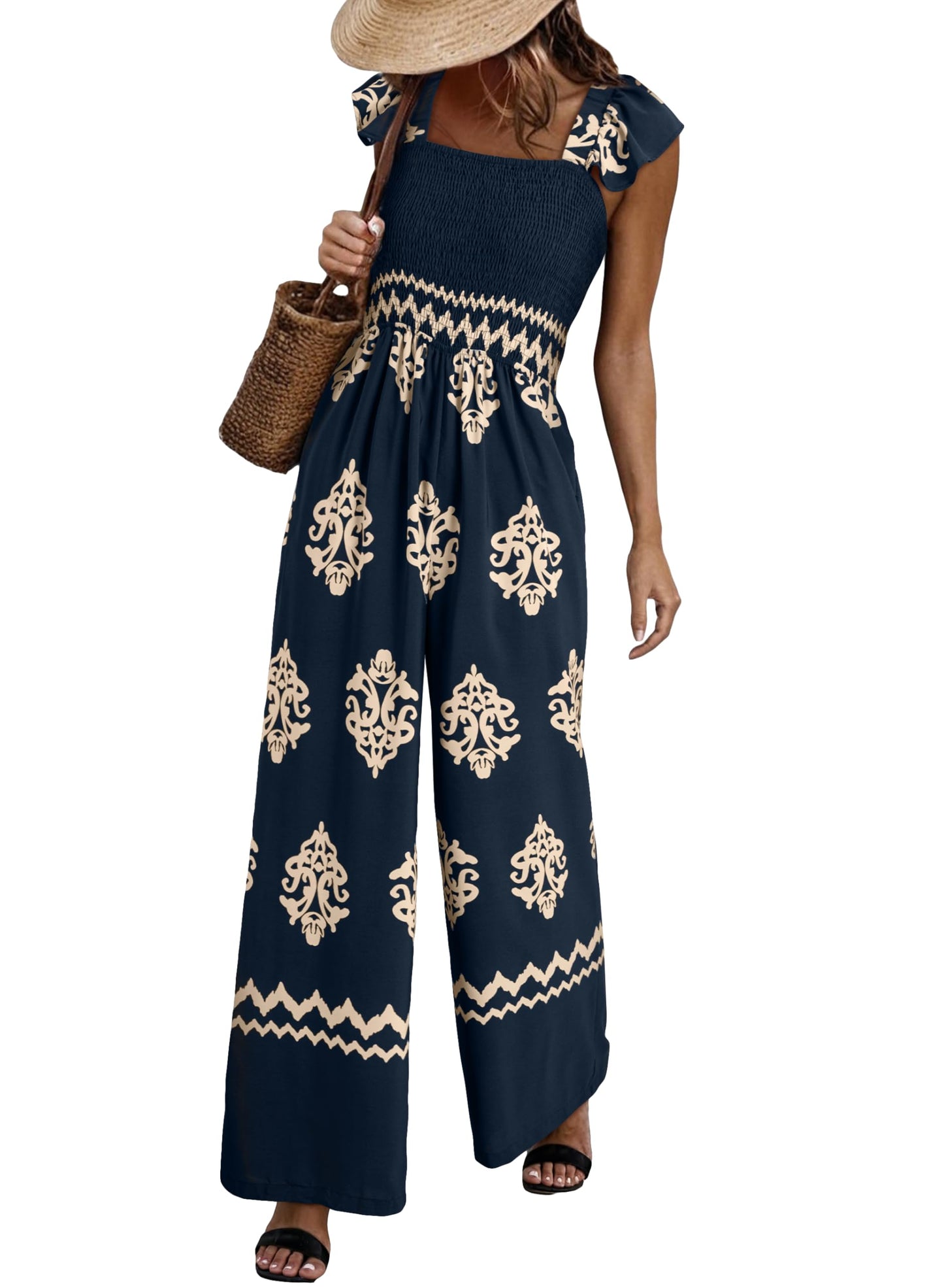 Happy Sailed Women's Jumpsuits Summer Square Neck Floral Printed Boho Jumpsuit Wide Leg Long Pants Rompers for Women Dressy Casual Overalls Beach Fashion Cruise Outfits for Women 2026 Dark Blue L