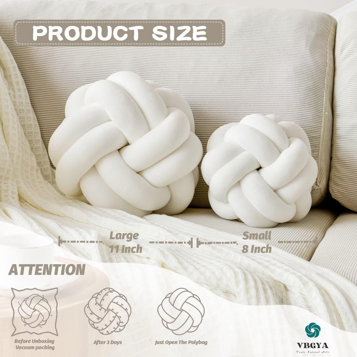 VBGYA Knot Pillow Ball, Soft Decorative Throw Pillows Cushion, 11 Inch Round Plush Knotted Pillows White Pillow, Modern Home Throw Knot Decorative Cushion for Bedroom, Sofa, Couch