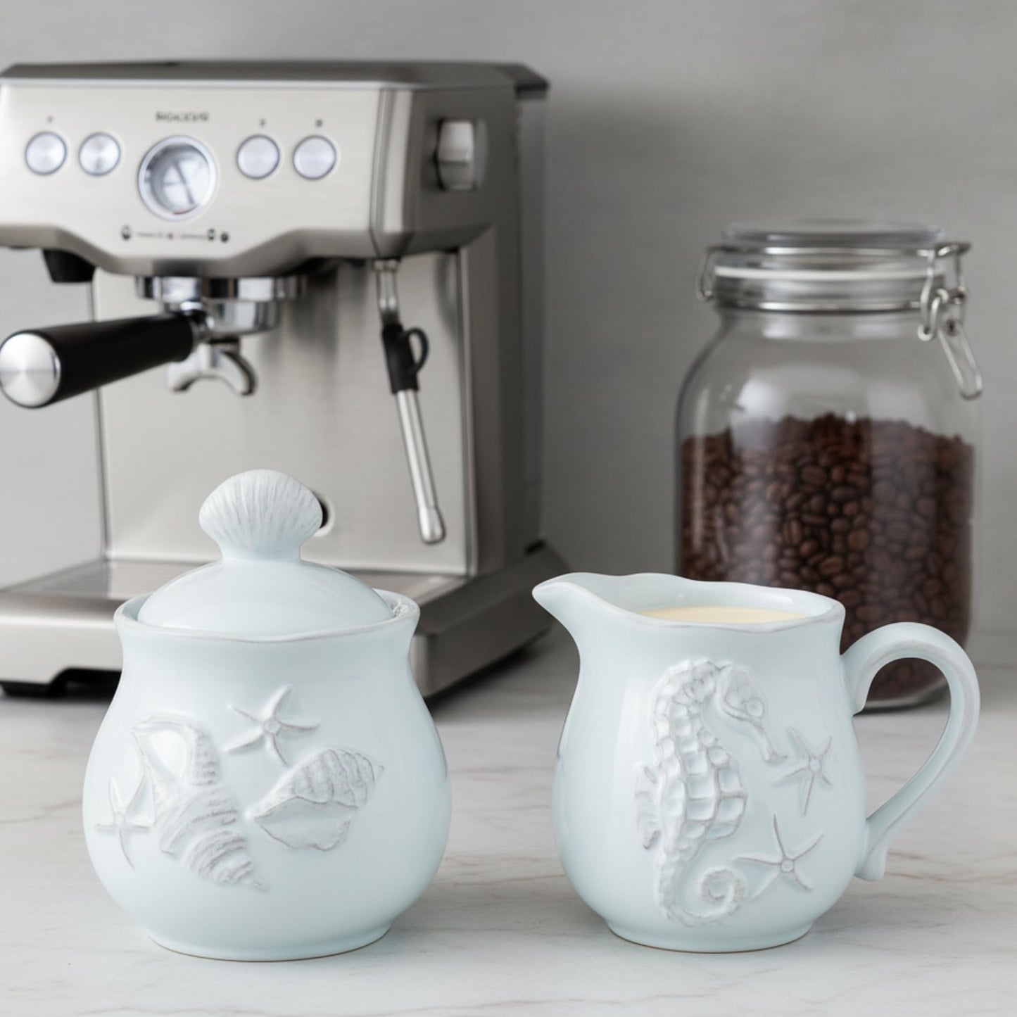 Blue Sky Clayworks Laguna Coastal Sugar & Creamer Set, Ceramic, Sugar Bowl 4" x 4" x 5"; Creamer 5" x 3.5" x 4", Seashell & Seahorse Charm