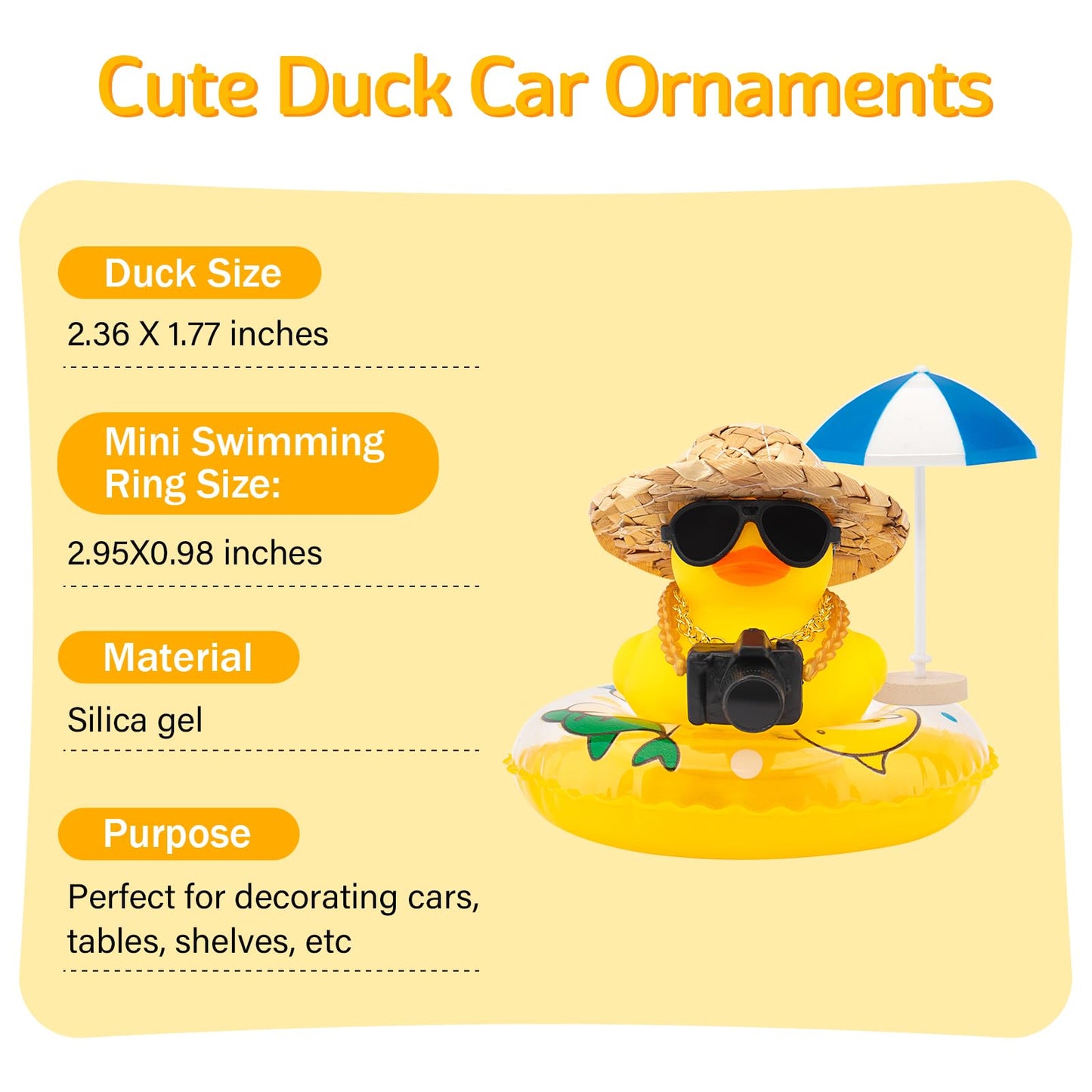 wonuu Car Rubber Ducks, Dashboard Decorations Swimming Duck for Car Ornament Accessories with Straw Hat, Glasses, Sunglasses, Sun Umbrella, Swim Ring, Mini Camera Dolphin Ring Yellow