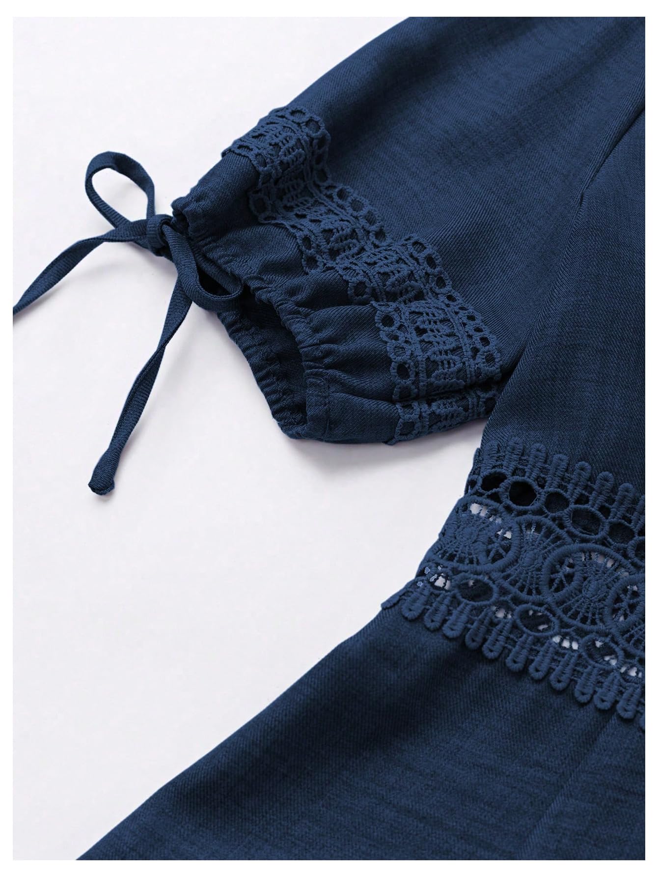 SOLY HUX Women's Summer Dress Hollow Out Lace V Neck Puff Short Sleeve A Line Layered Short Dresses Plain Dark Blue Small