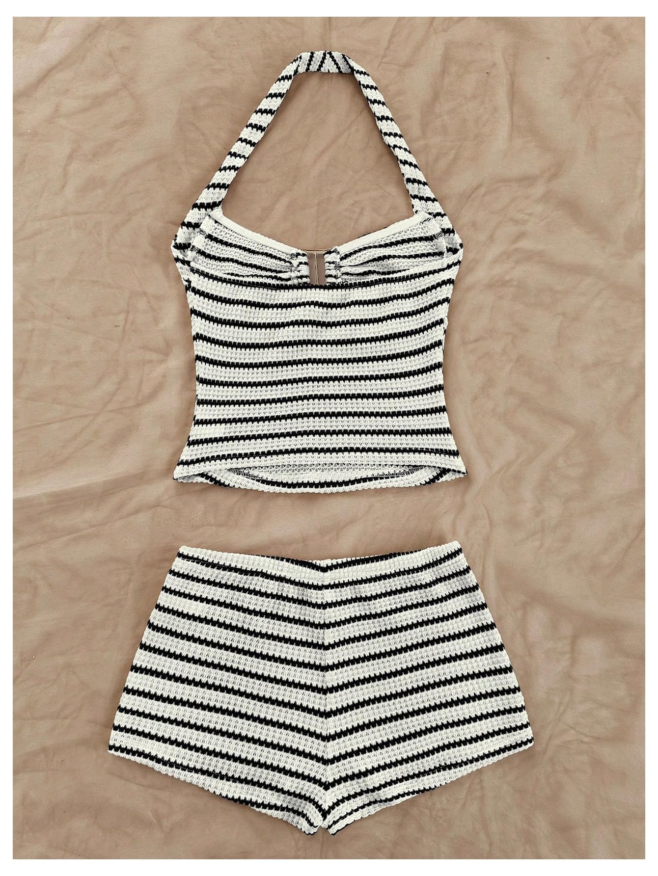 MakeMeChic Women's Summer 2 Piece Sets Striped Halter Tank Tops Mini Shorts Set Beach Vacation Outfits Black White Medium