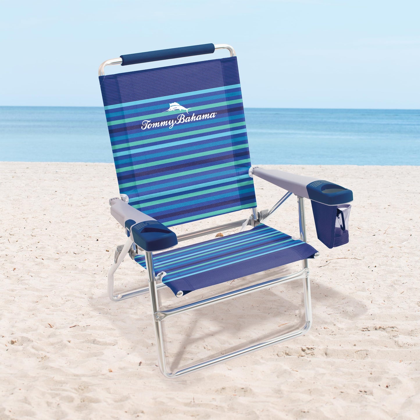 Tommy Bahama Set of 2 Highboy 4 Position Beach Chairs 15 Inch Seat Height with Cupholder, Side Storage Pouch and Mobile Phone Holder