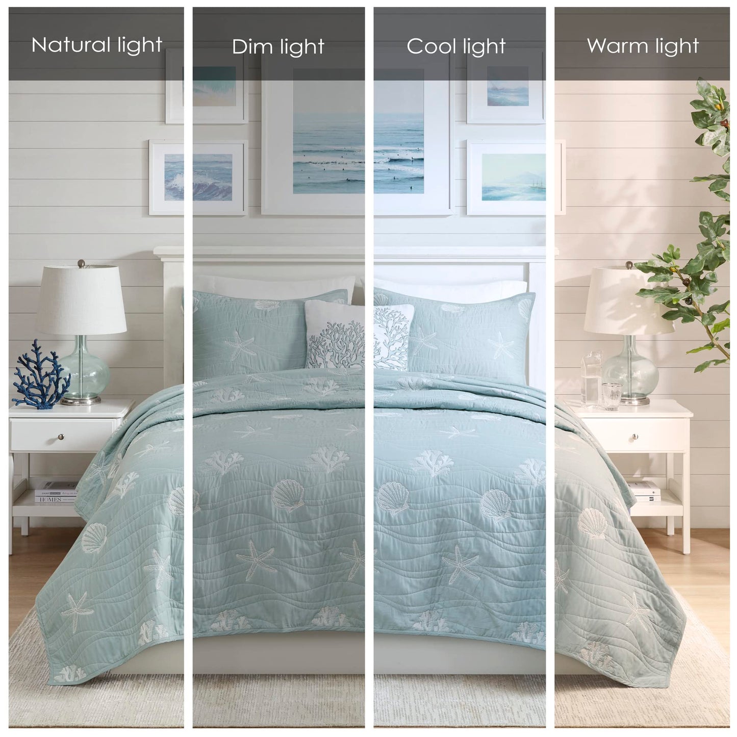 Harbor House Seaside Reversible Cotton Quilt Set Coastal Clam, Starfish, Coral Embroidery, All Season, Pre-Washed Coverlet Bedding Layer, Decorative Pillow, King/Cal King(108"x90") Seafoam 4 Piece