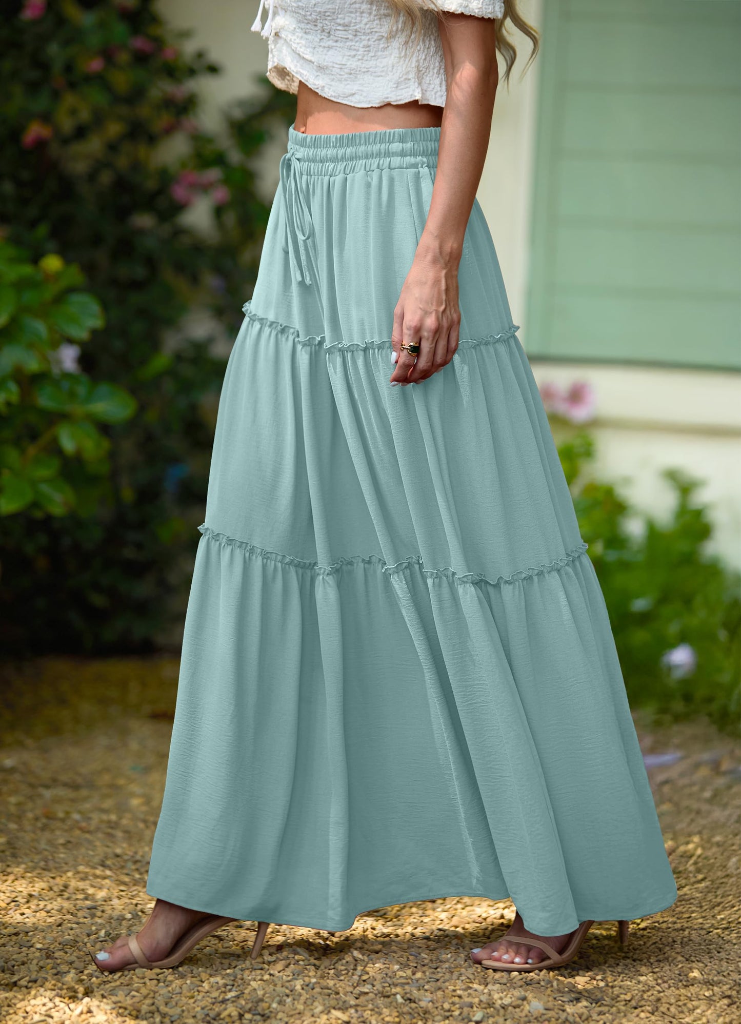 Lepunuo Casual Boho High Waisted Flowy Maxi Skirts Womens Trendy Spring Skirts with Pockets