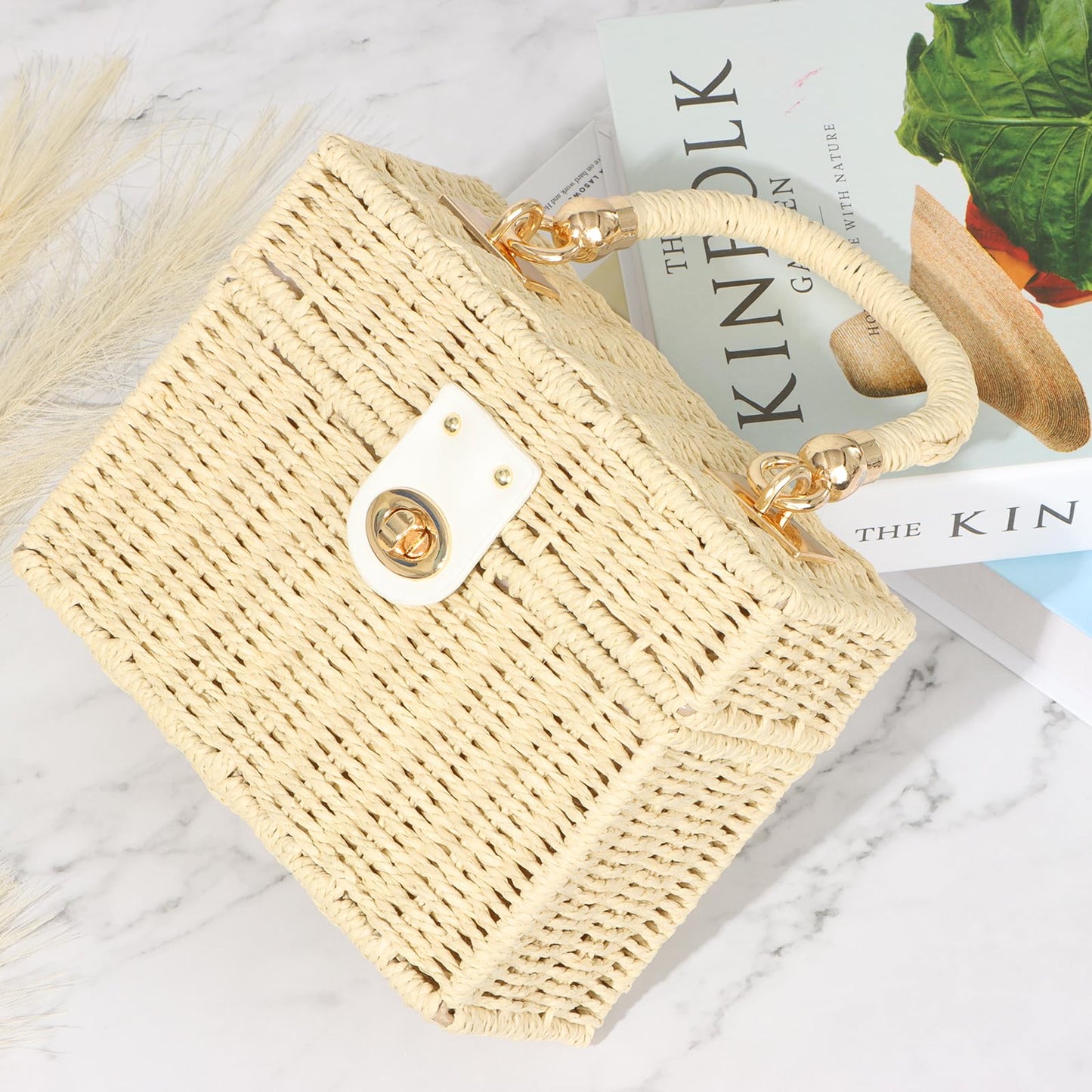 Fecialy Women Handwoven Rattan Handbag Beach Straw Tote Bag Square Boho Crossbody Bag,Beige
