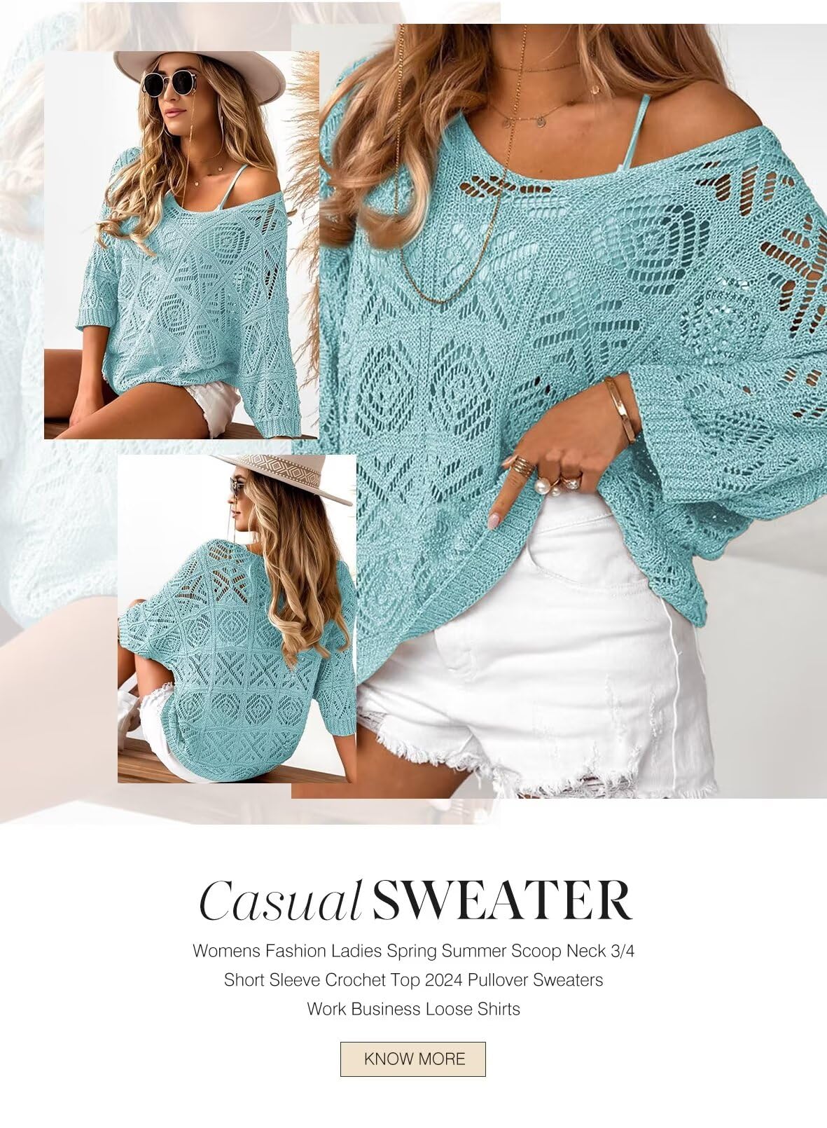 Dokotoo Womens Fashion Ladies Spring Summer Scoop Neck 3/4 Short Sleeve Crochet Top 2026 Pullover Sweaters Work Business Loose Shirts Bathing Suit Cover Up for Women Light Blue XX-Large