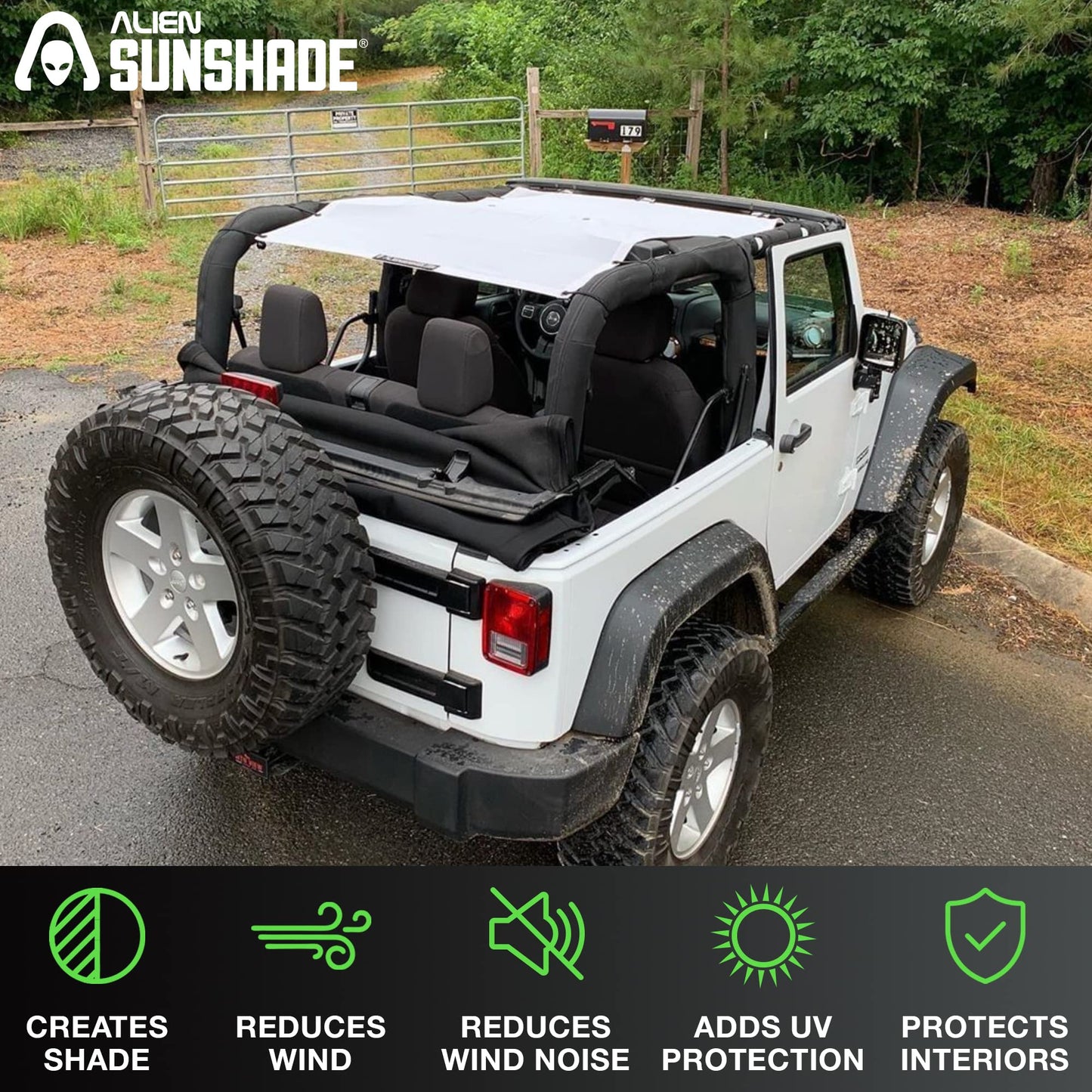 Alien Sunshade Jeep Wrangler JK Black (2007-2018) Full Length Mesh Sun Shade for JK 2 Door - Blocks UV, Jeep Gifts, Wind, Noise - Bikini Jkini Top Cover for Sport, Sport S, Sahara, Rubicon