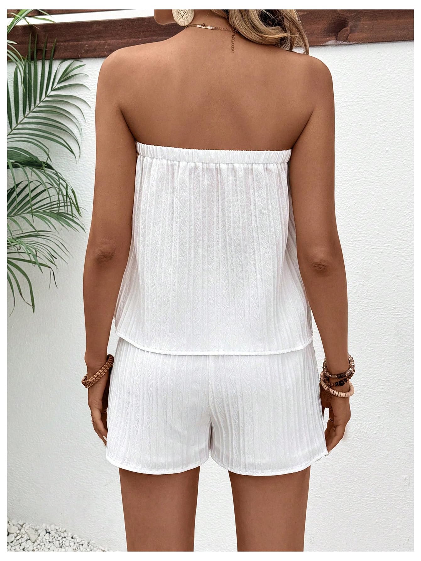 SweatyRocks Women's 2 Piece Boho Textured Tube Top with Wide Leg Shorts Set Summer Outfits White Medium