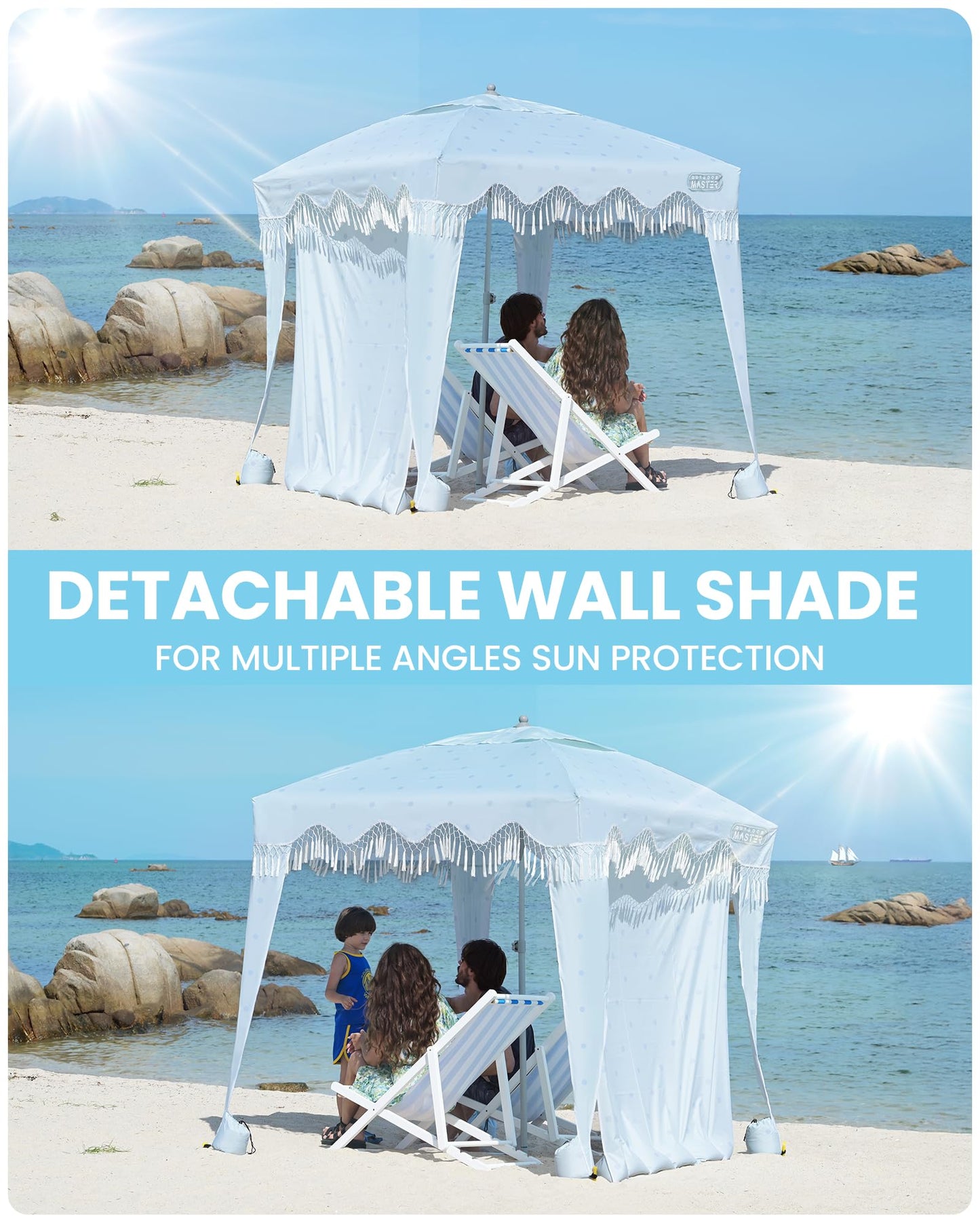 OutdoorMaster Beach Cabana with Fringes, Portable 6' x 6' Beach Canopy for Sand, Easy Set Up Sun Shelter, Included Side Wall, UPF 50+ UV Protection Sun Umbrella - for Family & Friends -Wave Point