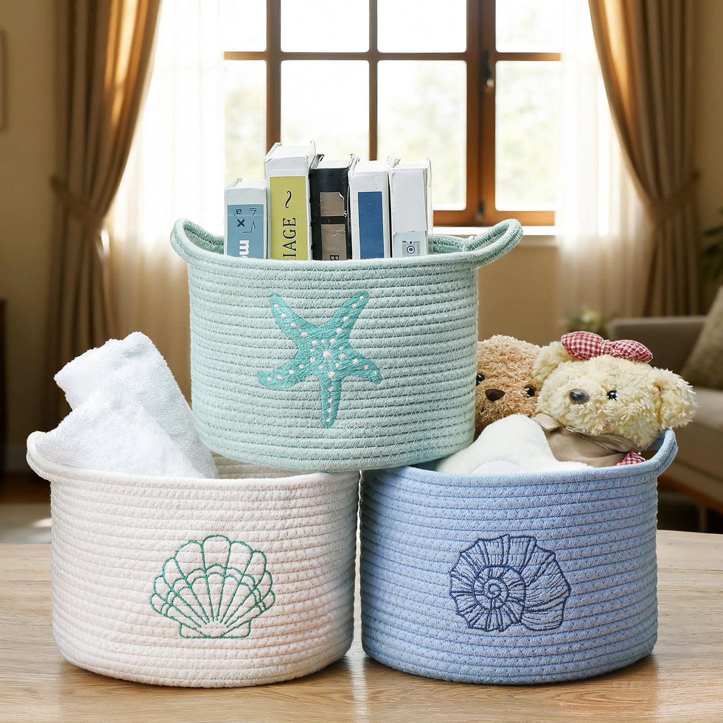 Vesici 3 Pcs Coastal Seashell Starfish Woven Baskets Blue White Green Beach Small Cotton Rope Storage Basket 9.7'' x 7.1'' Laundry Organizer with Handles for Toys Clothes Organization Nursery Bedroom