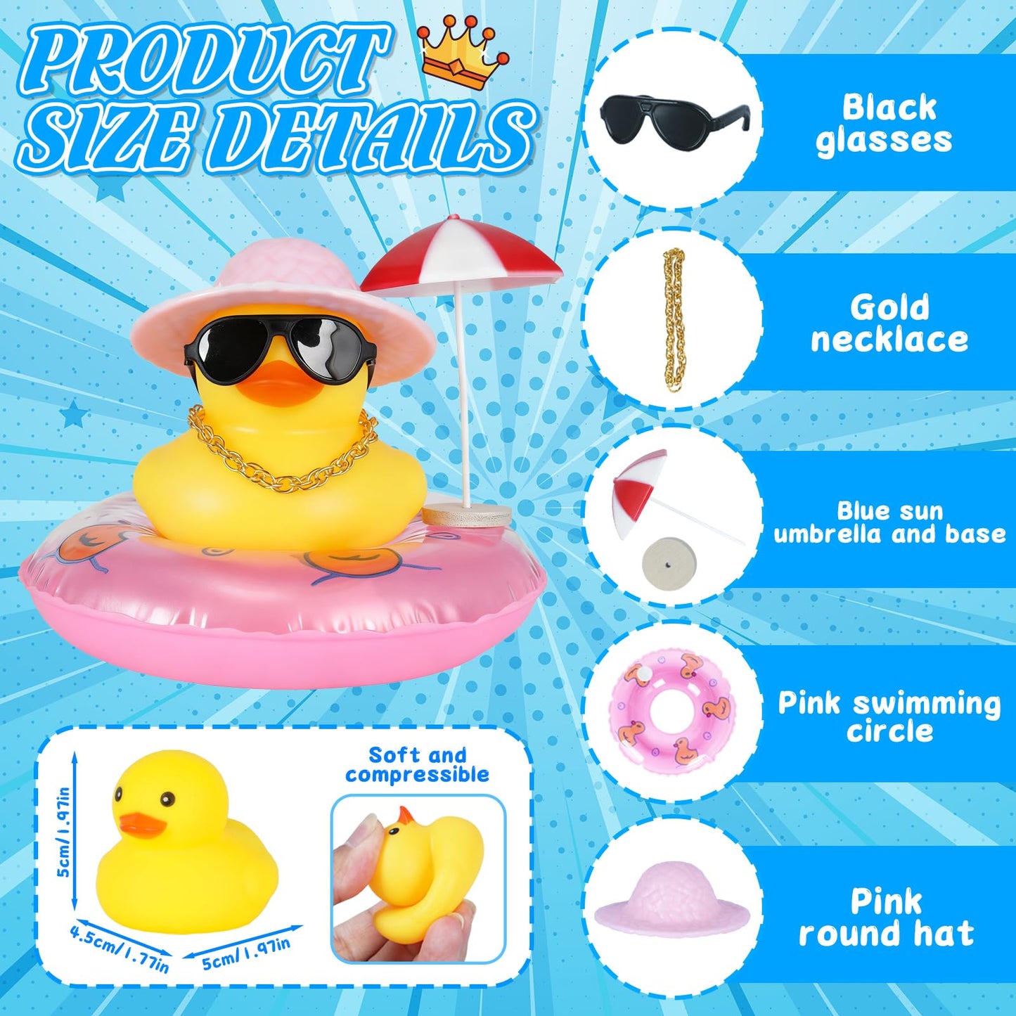 Rubber Duck Car Decorations with Pink Sun Hat, Umbrella & Sunglasses, Funny Dashboard Accessories for Cars, DIY Cute Duck Ornaments with Squeak Sound