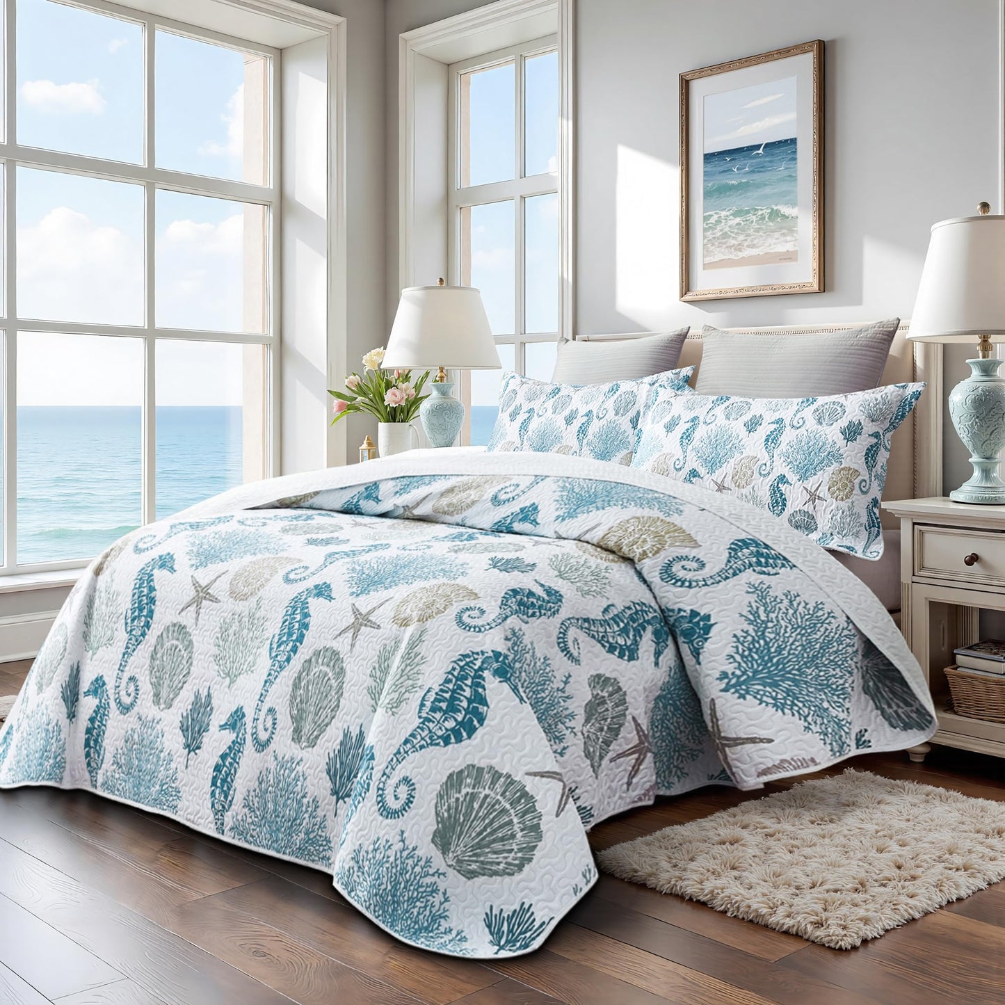 Coastal Bedding King Size Coastal Quilt with 2 Shams, Nautical Beach Comforter Sets Ocean Bedspreads Blue Seahorse Coverlet Summer Bedding, 96''x106''