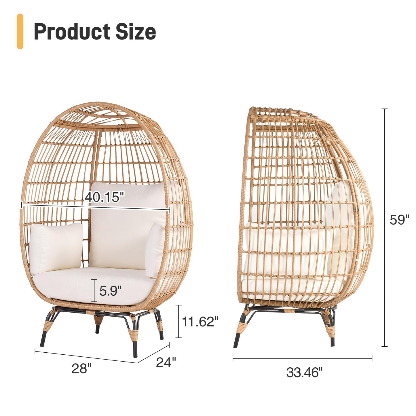 Outdoor Egg Chair, PE Wicker Chair 440 lbs Capacity, Patio Chairs with 4 Thicken Cushions, Oversized Lounge Chairs with Durable Steel Frame Perfect for Balcony, Backyard, Bedroom-Ivory