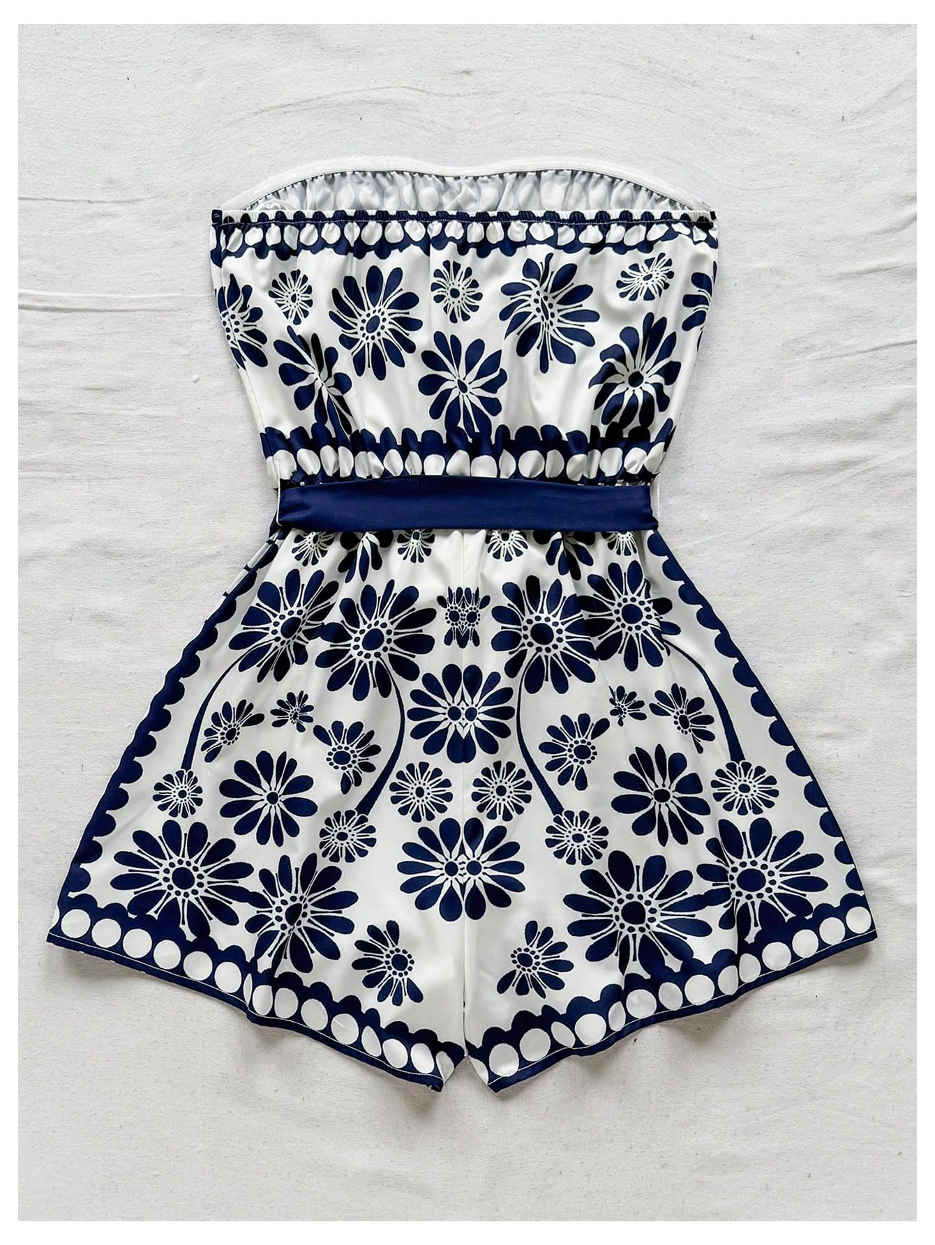 SweatyRocks Women's Summer Boho Strapless Romper Floral Sleeveless Short Jumpsuits Beach Vacation Clothes Dark Blue Medium