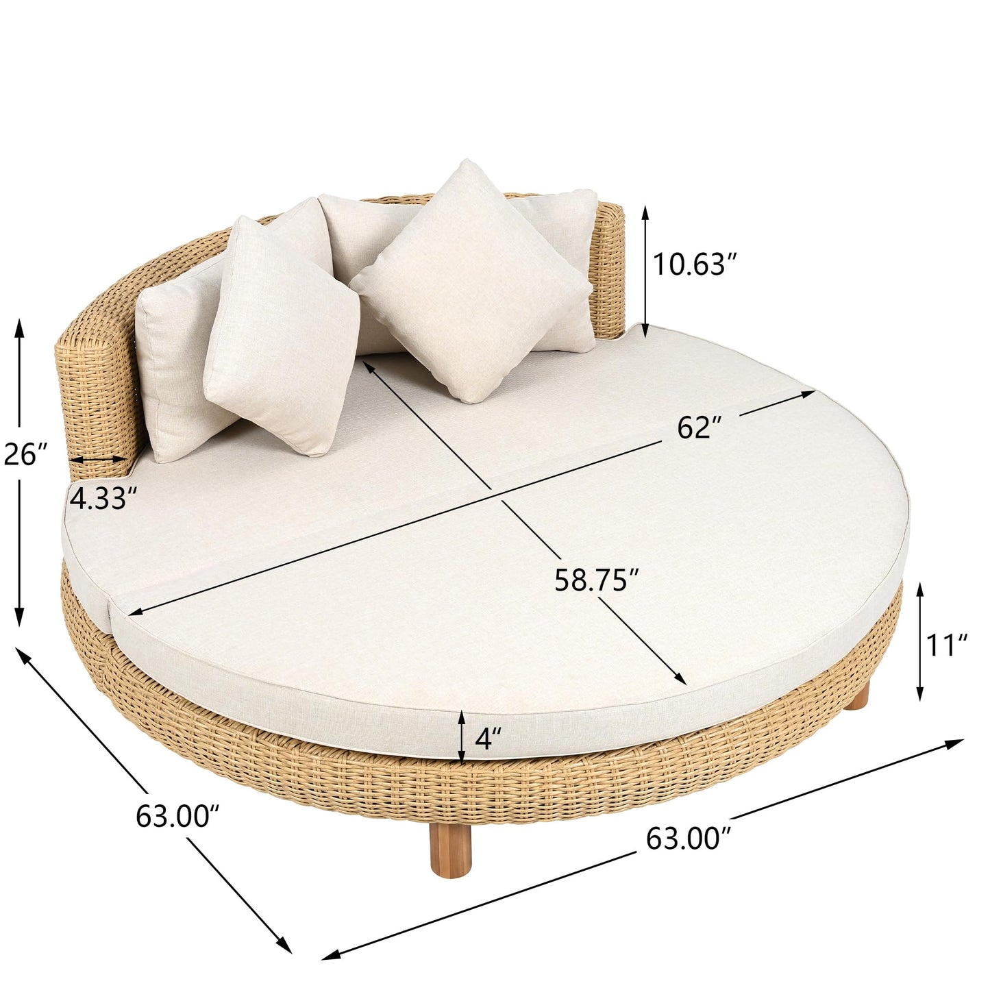 Scott Living Jennie Outdoor Round Wicker Daybed with Water-Resistant Beige Cushions and Pillows, Garden Daybed Sofa, PE Rattan Patio Lounger for Garden, Poolside, Natural+Beige