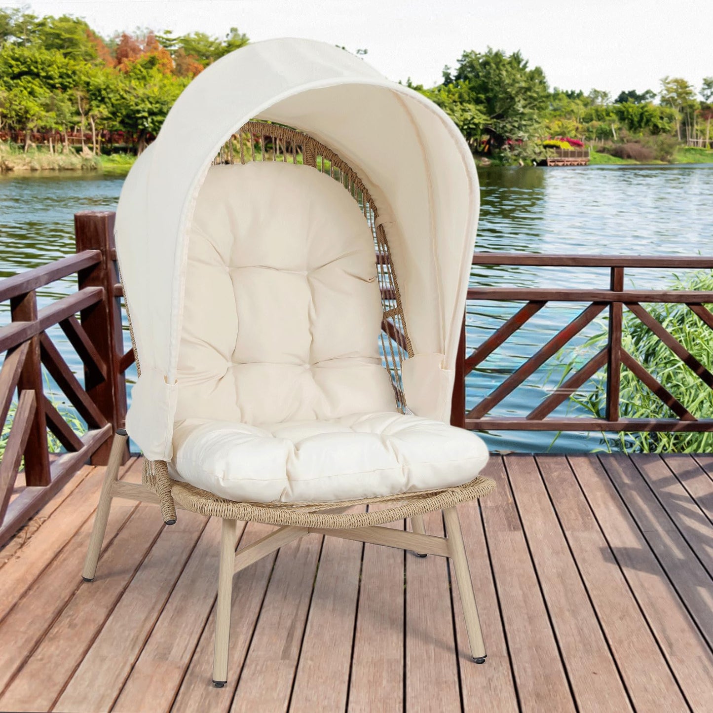 Athena Collection Patio Wicker Egg Chair with Folding Canopy, All-Weather Rattan Patio Lounge Chair with Sun Shade, Balcony Furniture Outside Seating for Front Porch, Garden, Poolside, Outdoor, Beige