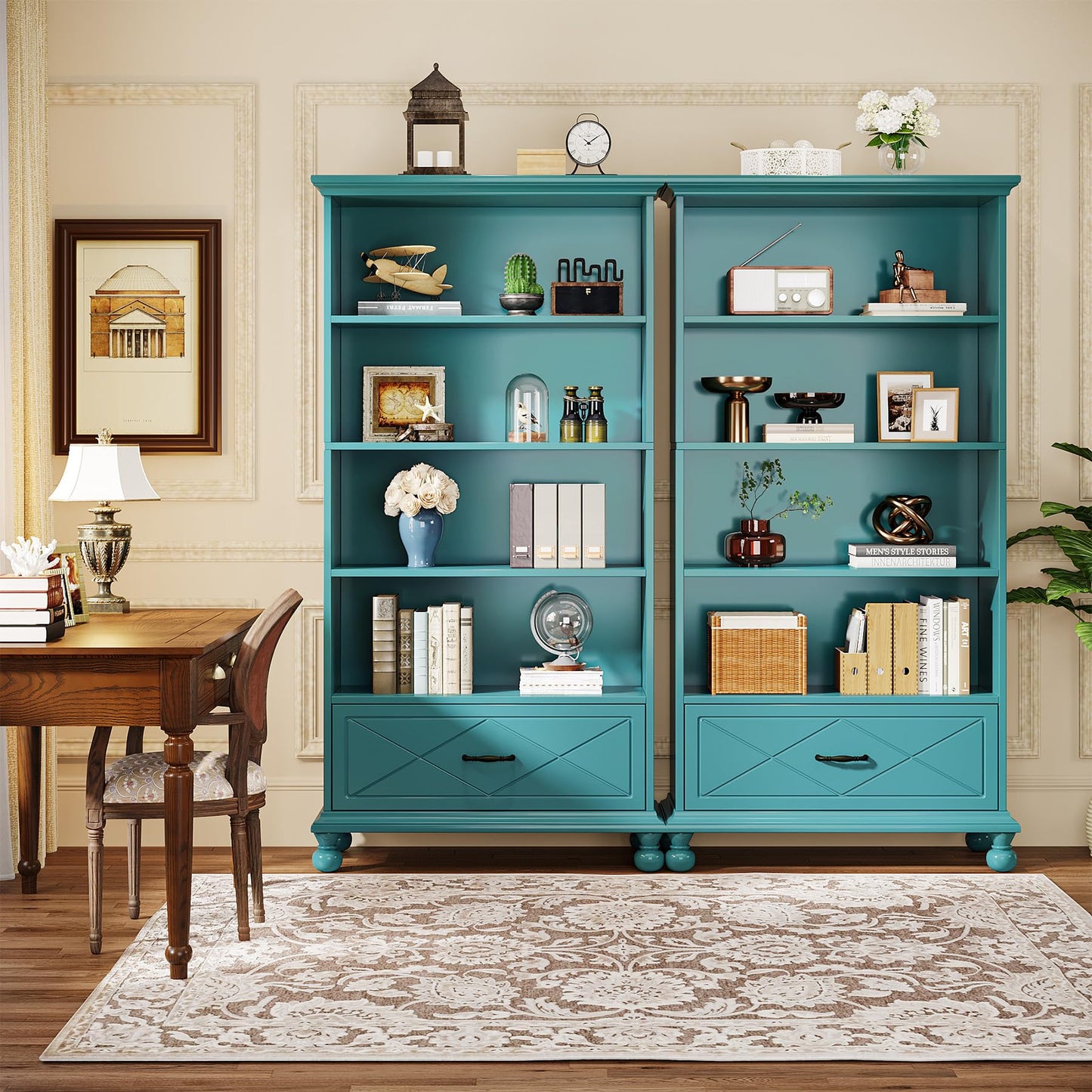 Tribesigns 6-Shelf Bookcase Set of 2, 71 Inch Tall Floor Standing Bookshelf with Drawer and Solid Wood Legs, 6-Tier Large Display Storage Book Shelf for Home Office, Ocean Blue