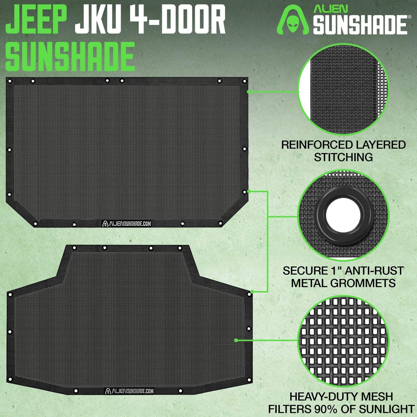 Alien Sunshade Jeep Wrangler JKU Black (2007-2018) Front & Rear Mesh Sun Shade for JK Unlimited, Blocks UV, Wind, Noise, Jeep Gifts, Bikini Jkini Top Cover for Sport, Sport S, Sahara, Rubicon