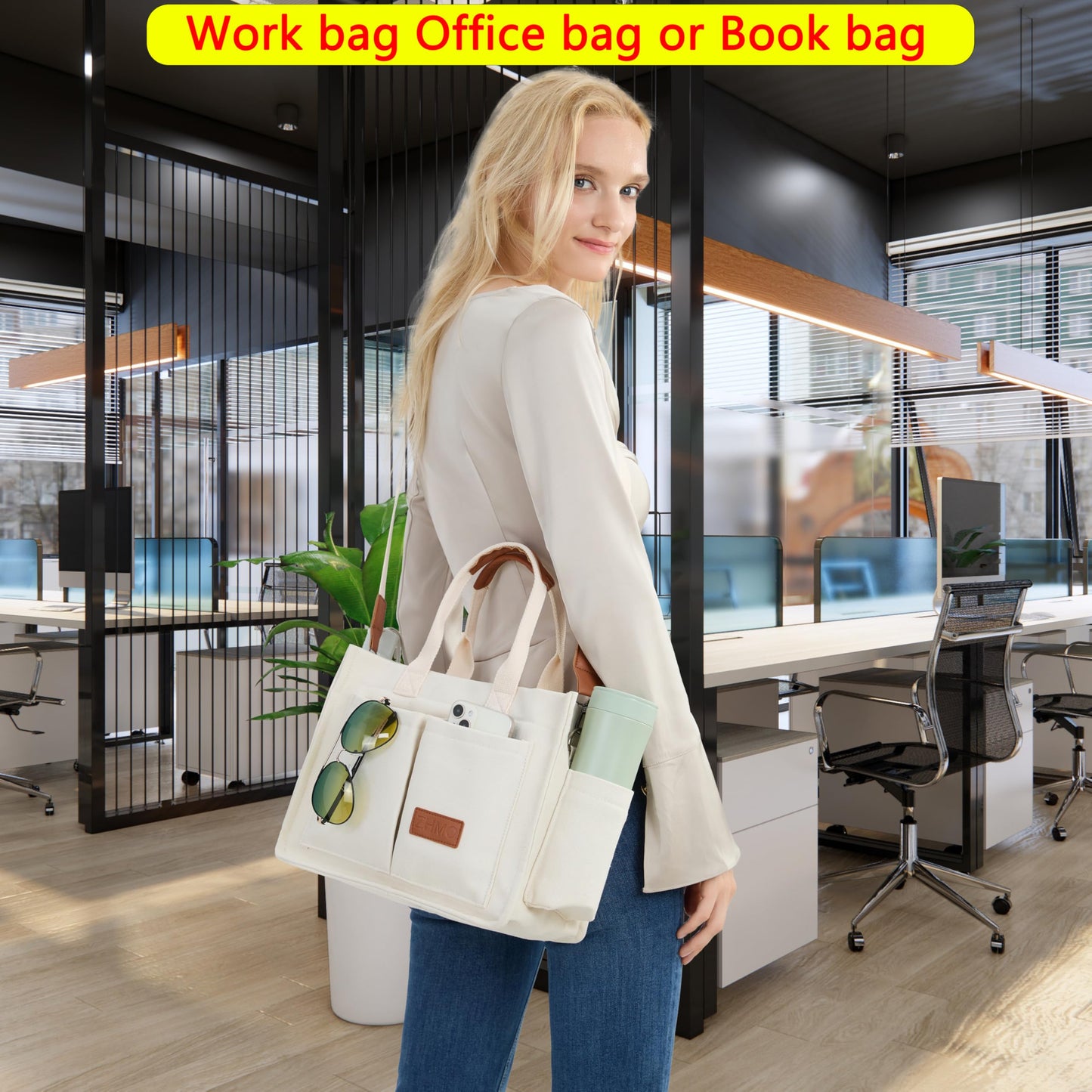 ZHMO Canvas Tote Bag for Women With Compartments and Zipper,White Women's Bags Crossbody Bags Work Laptop Tote Bag Large Satchels Handbag Tote Purse Everyday Shoulder Bag for Travel Nurse Teacher Gift