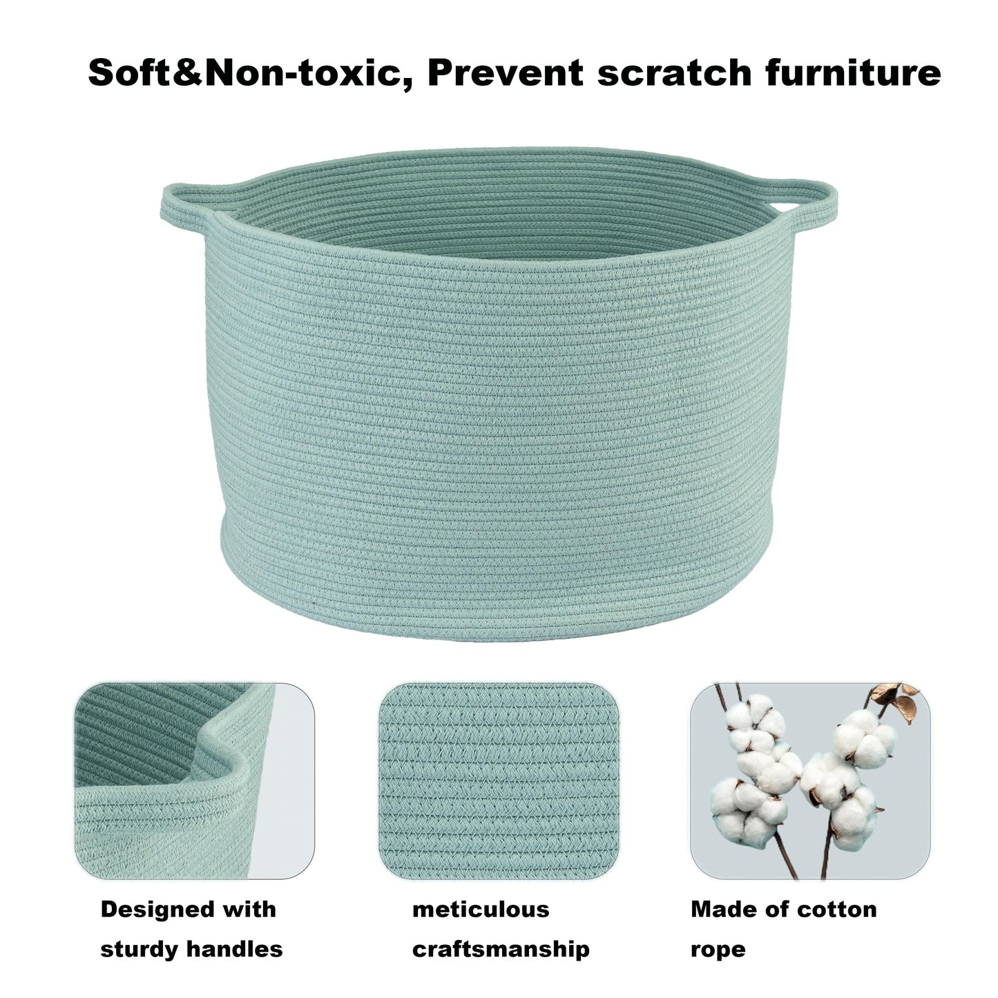 XUANGUO Large Cotton Rope Basket – 22"x14" Woven Storage Basket for Blankets, Toys, Laundry, and Nursery – Round Baskets for Living Room, Kids, and Pets Light Green