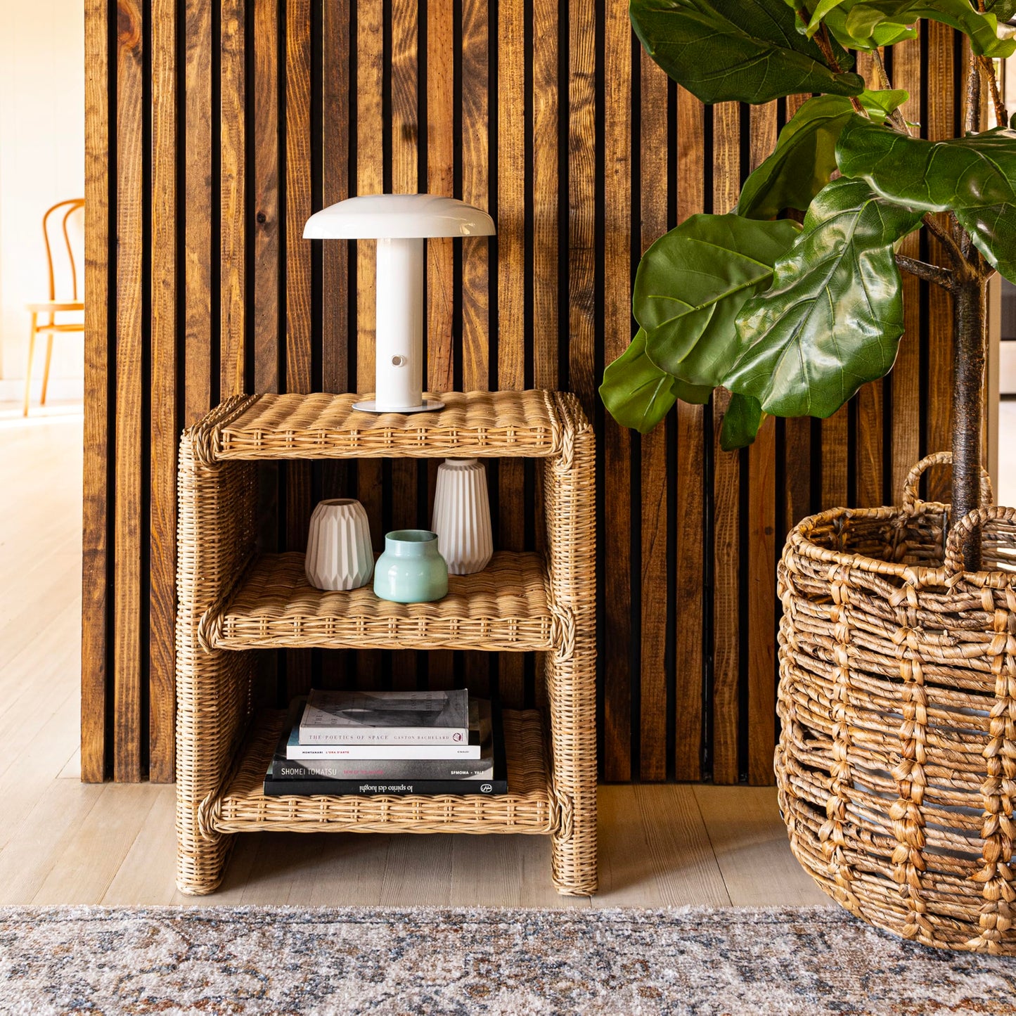 JONATHAN Y NST1000A Praerie 22" Coastal Bohemian Rattan/Wood 3 Tier End Table for Home, Living Room, Bedroom, Guest Room, Entryway, Natural