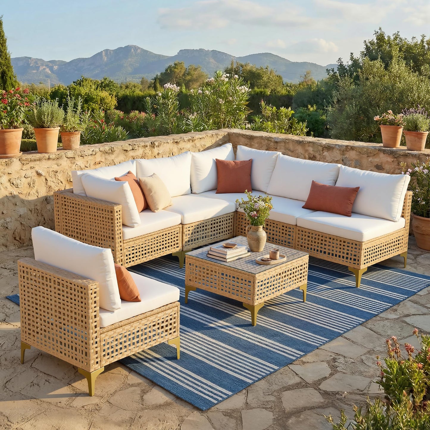 FHFO Patio Furniture Set, 7-Piece Wicker Patio Sectional Sofa Couch, Rattan Outdoor Conversation Set with Thick Cushion & Tempered Glass Coffee Table for Porch, Garden, Backyard (Yellow/Beige)